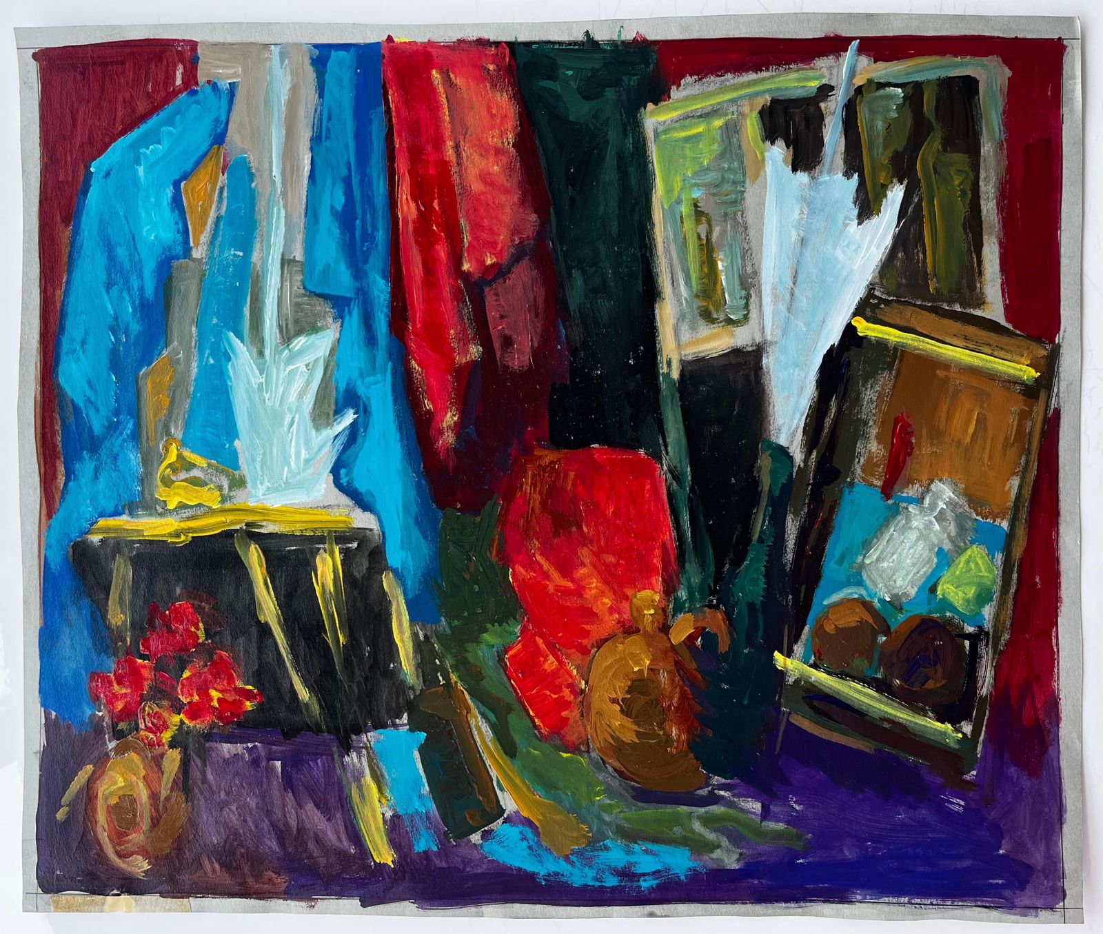 Guy Nicodfrench Modern Oil Colourful Still Life With Fabrics Bottles And Picture Frames photo furniture