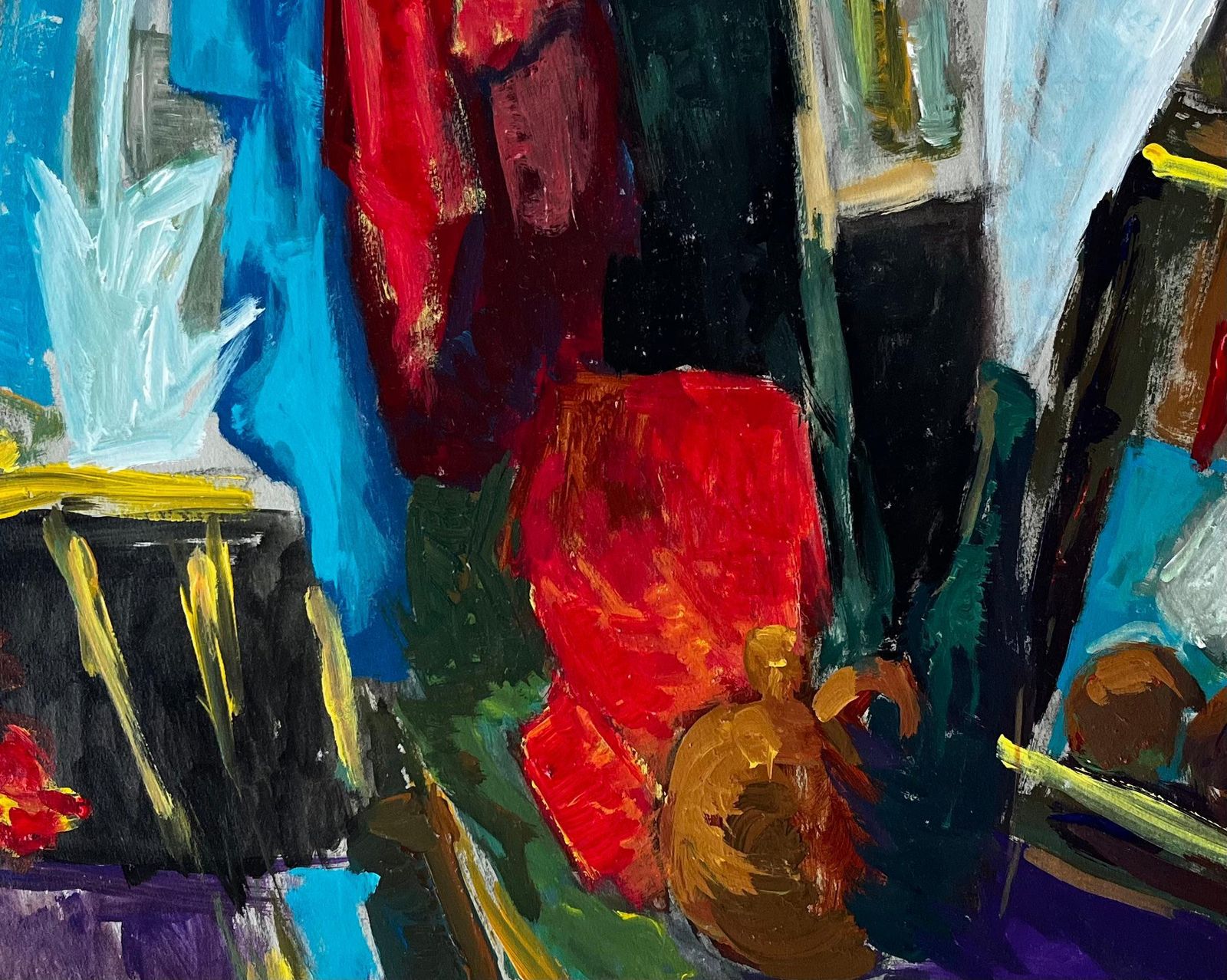 Guy Nicodfrench Modern Oil Colourful Still Life With Fabrics Bottles And Picture Frames photo buy