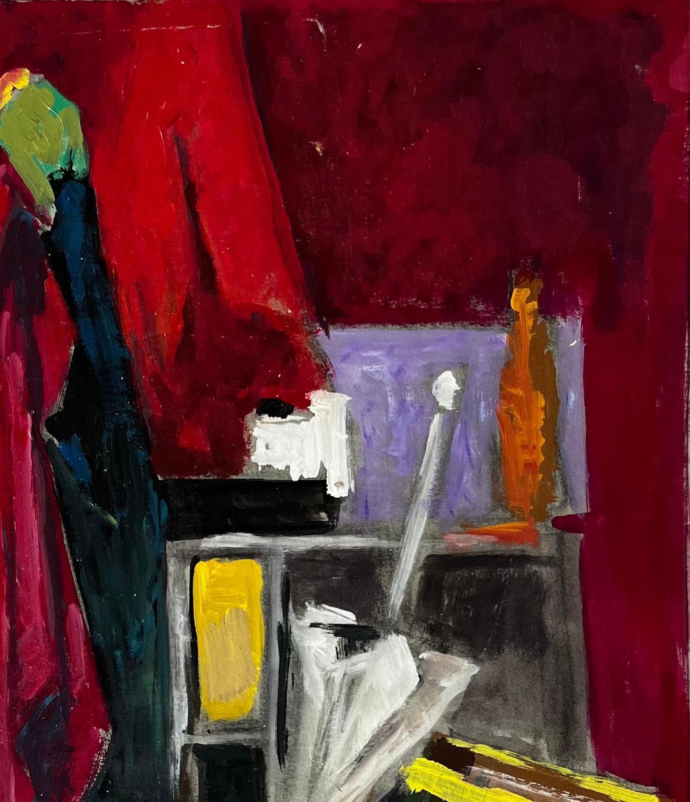 Guy Nicodcolourful  French Modern Oil Still Life With Fabrics Bottles And Picture Frame photo for sale