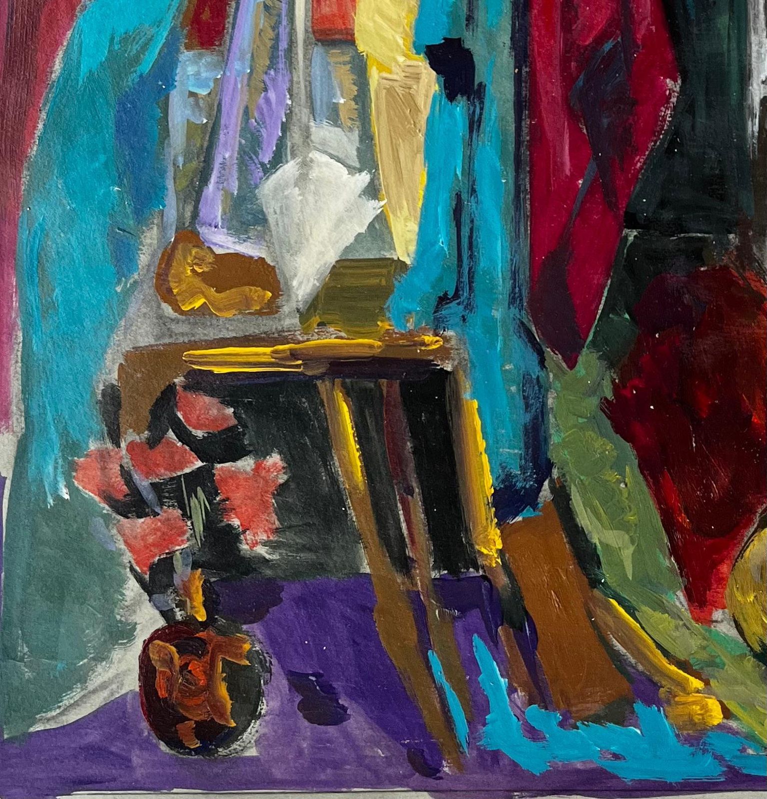 Guy Nicodcolourful  French Modern Oil Still Life With Fabrics Bottles And Picture Frame photo vinterior