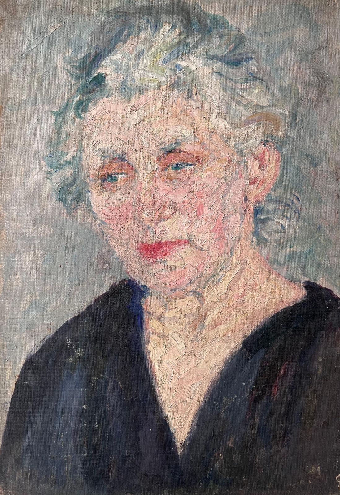 Suzanne Dinkesmid Century French Painting Of A Elder Lady Grey Haired Lady In A Blue V Neck1950's