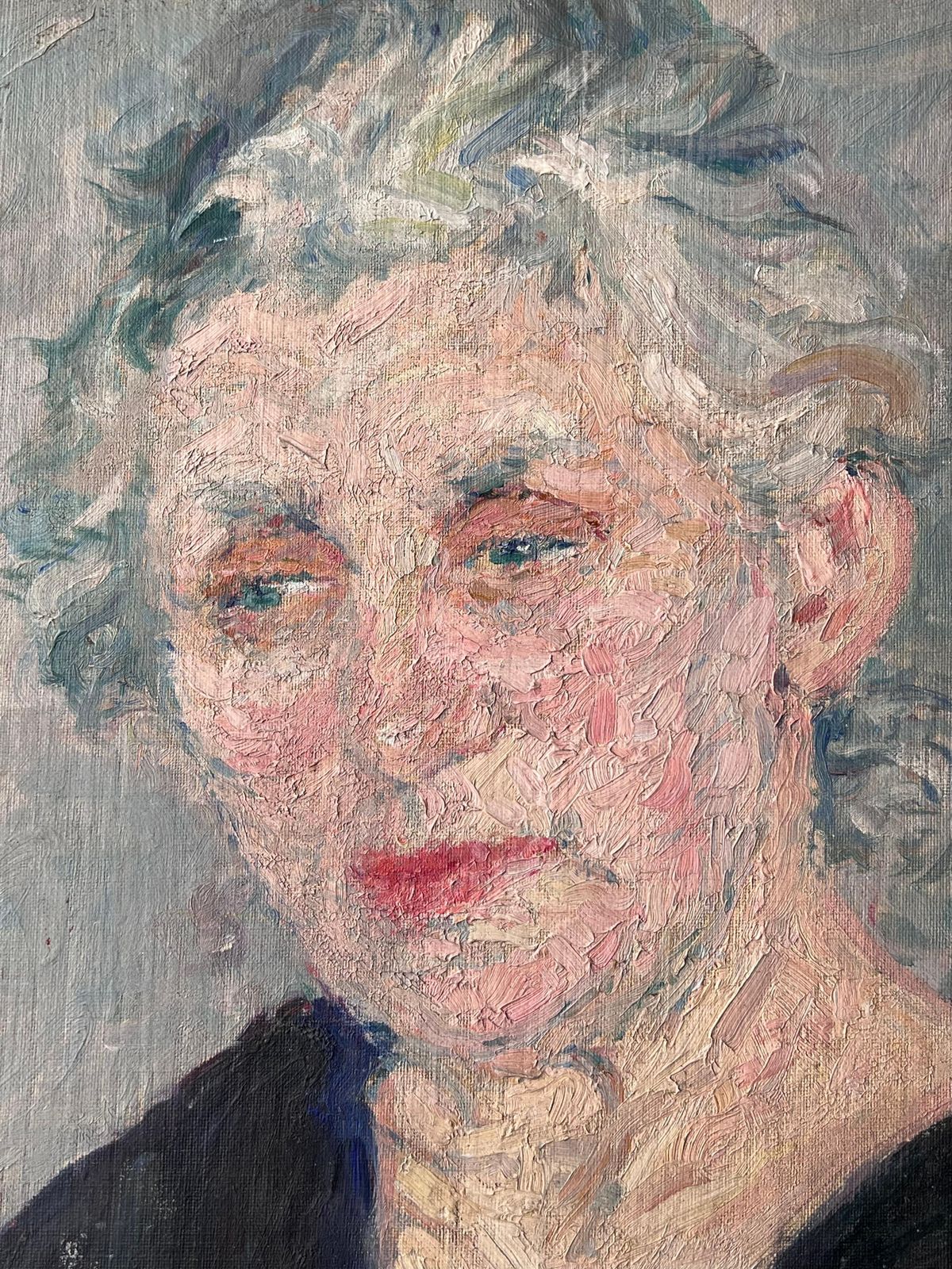 Suzanne Dinkesmid Century French Painting Of A Elder Lady Grey Haired Lady In A Blue V Neck1950's photo buy