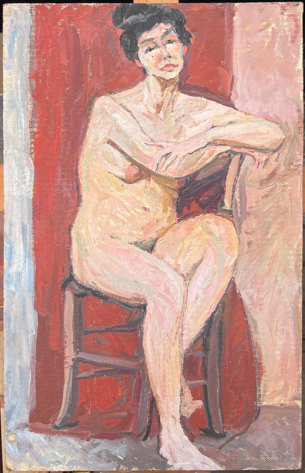 Suzanne Dinkesnude Lady On Stall In Red Interior Mid Century French Impressionist Painting1950's photo furniture