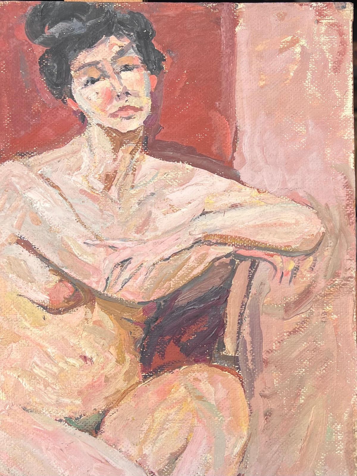 Suzanne Dinkesnude Lady On Stall In Red Interior Mid Century French Impressionist Painting1950's photo Art