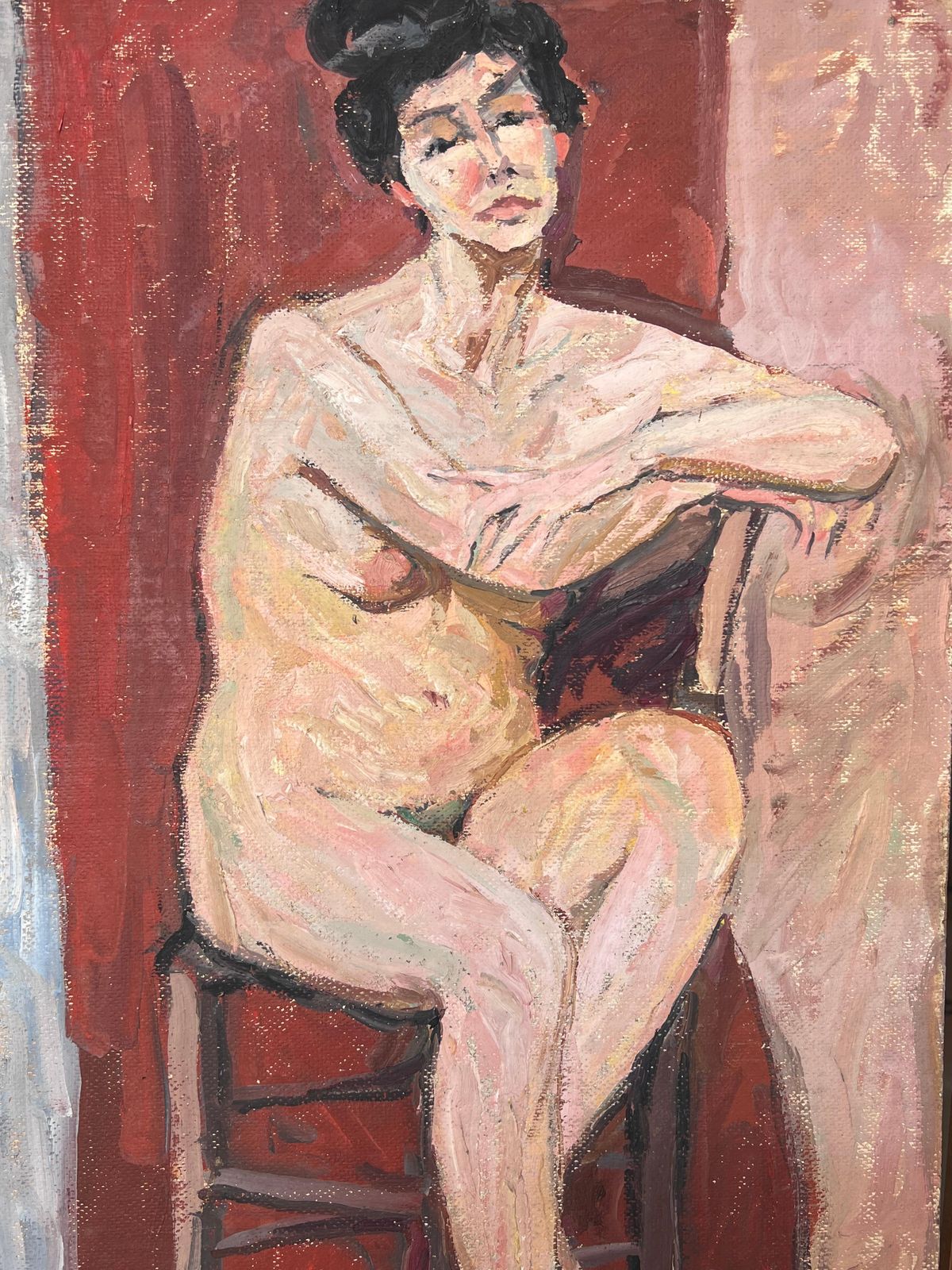 Suzanne Dinkesnude Lady On Stall In Red Interior Mid Century French Impressionist Painting1950's photo vintage