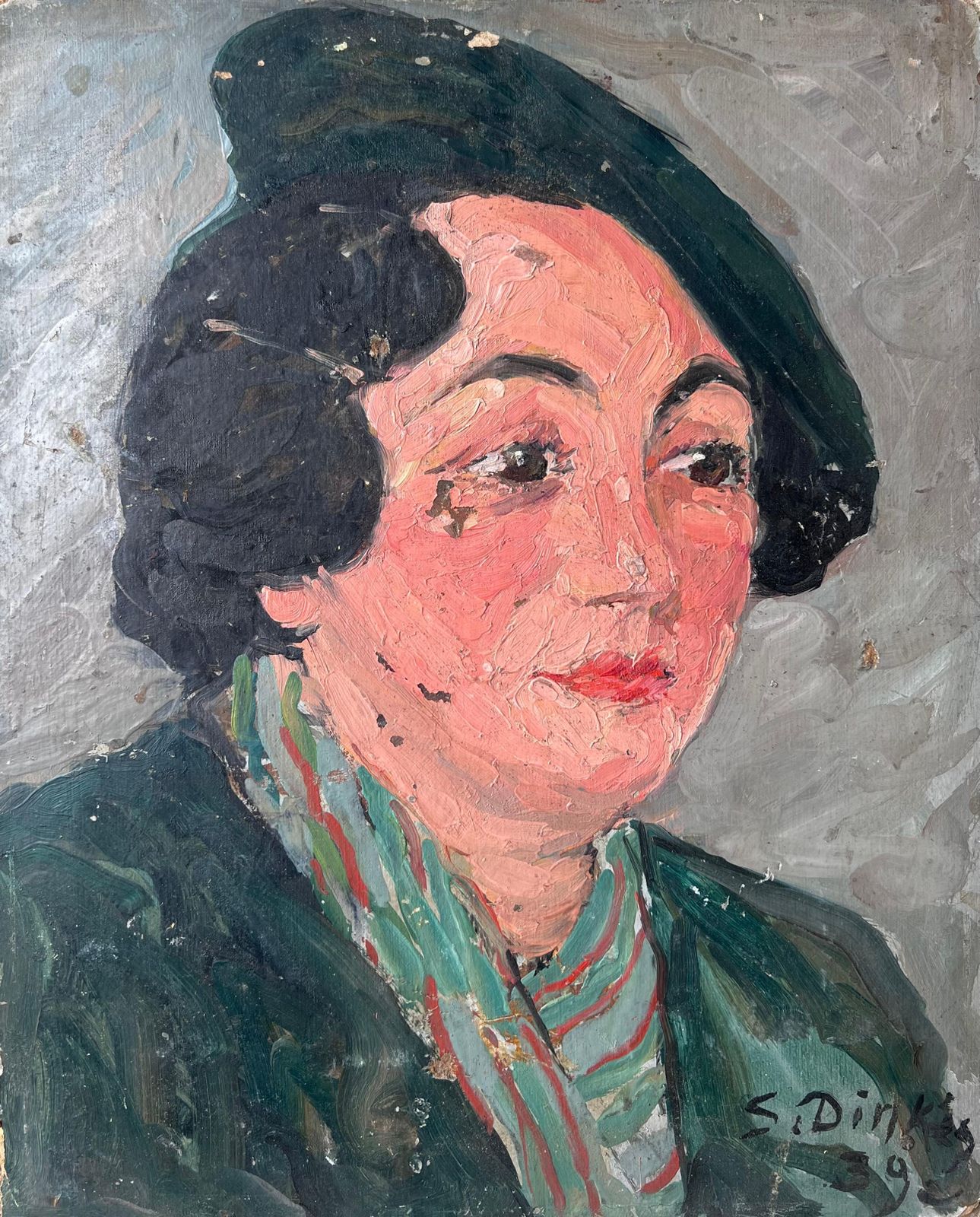 Suzanne Dinkesmid Century Impressionist Painting Stylish Lady In Green Wearing A Green Beret1950's