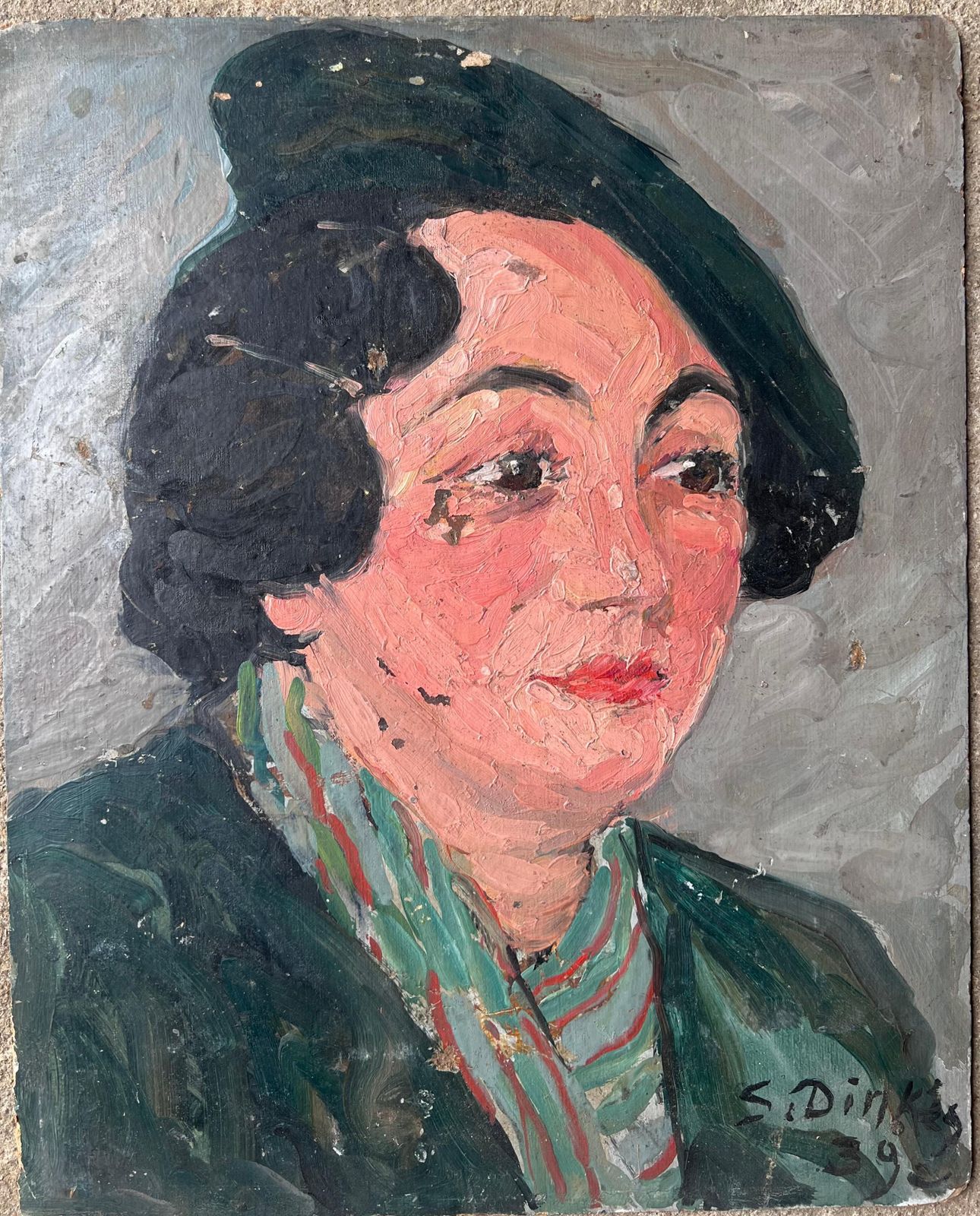 Suzanne Dinkesmid Century Impressionist Painting Stylish Lady In Green Wearing A Green Beret1950's photo furniture