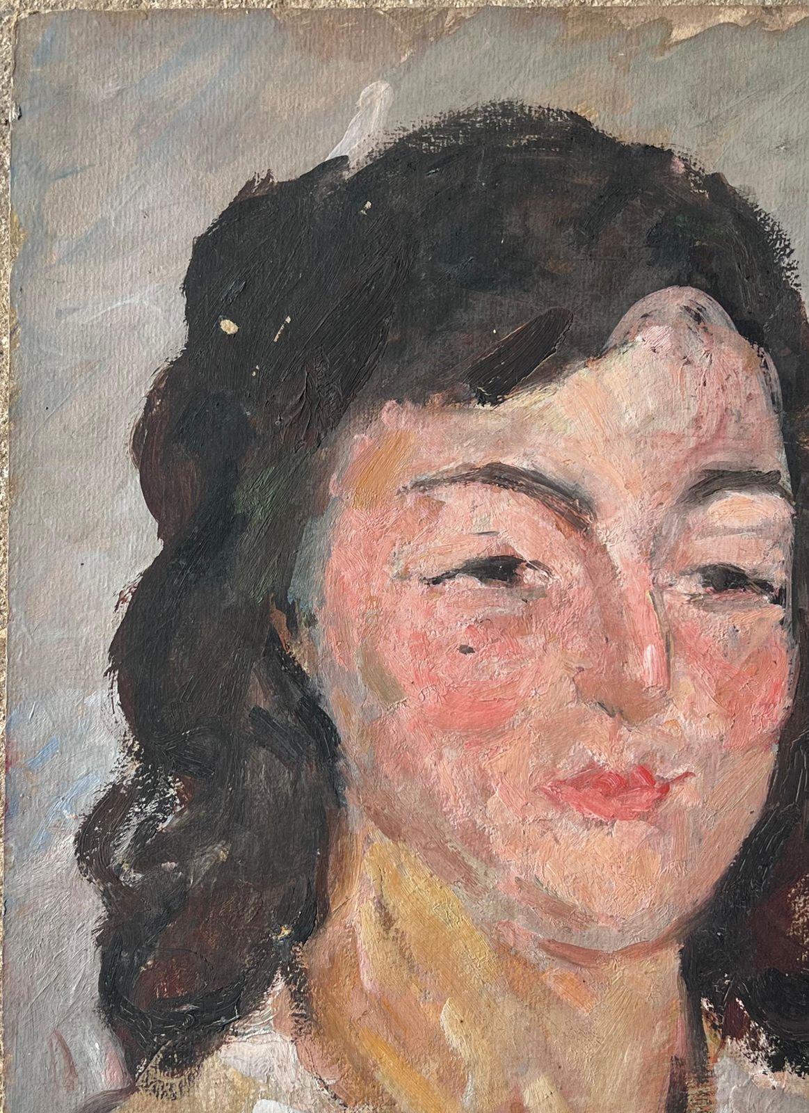 Suzanne Dinkesmid Century French Impressionist Painting Portrait Of A Chic Lady In White Shirt1950's photo for sale