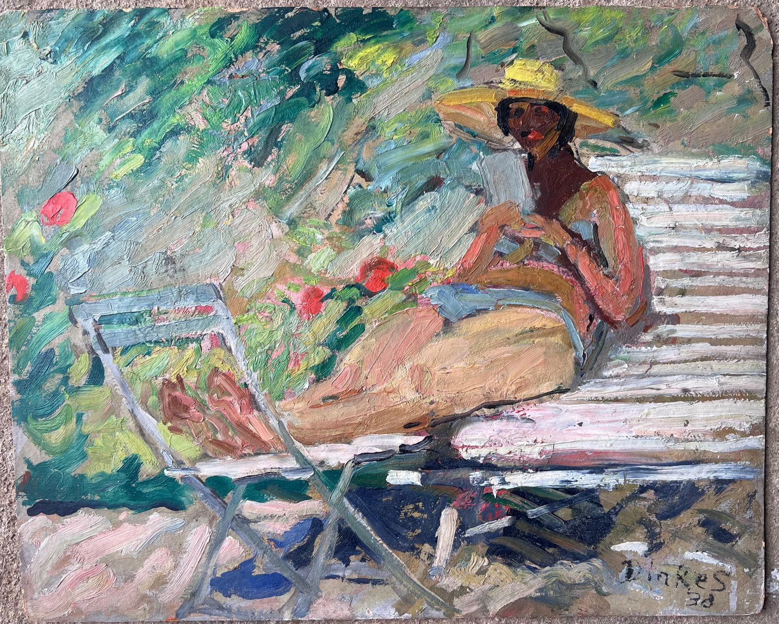 Suzanne Dinkesmid Century French Impressionist Painting Lady Sunbathing Reading In The Garden1950's photo 535.0