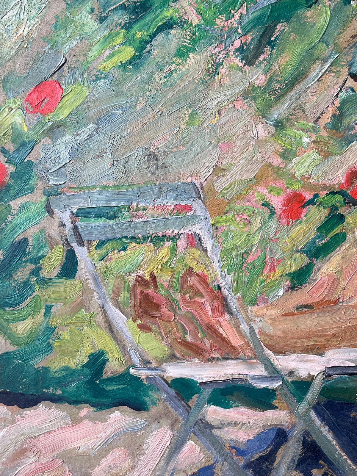 photo furniture Suzanne Dinkesmid Century French Impressionist Painting Lady Sunbathing Reading In The Garden1950's