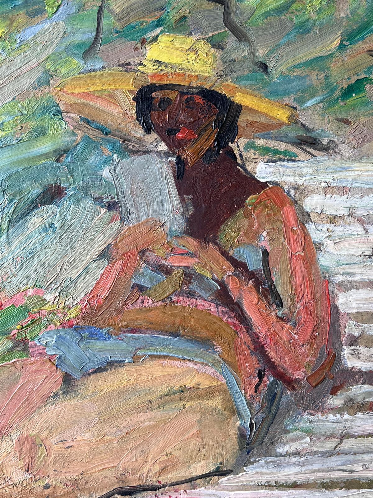 photo for sale Suzanne Dinkesmid Century French Impressionist Painting Lady Sunbathing Reading In The Garden1950's