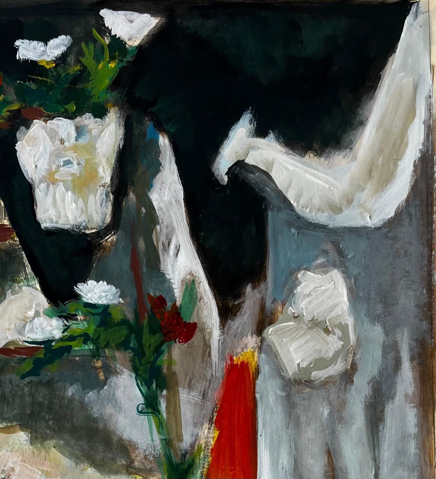 Guy Nicodstill Life With White Drapery And Flowers French Modern Gouache Painting photo Art