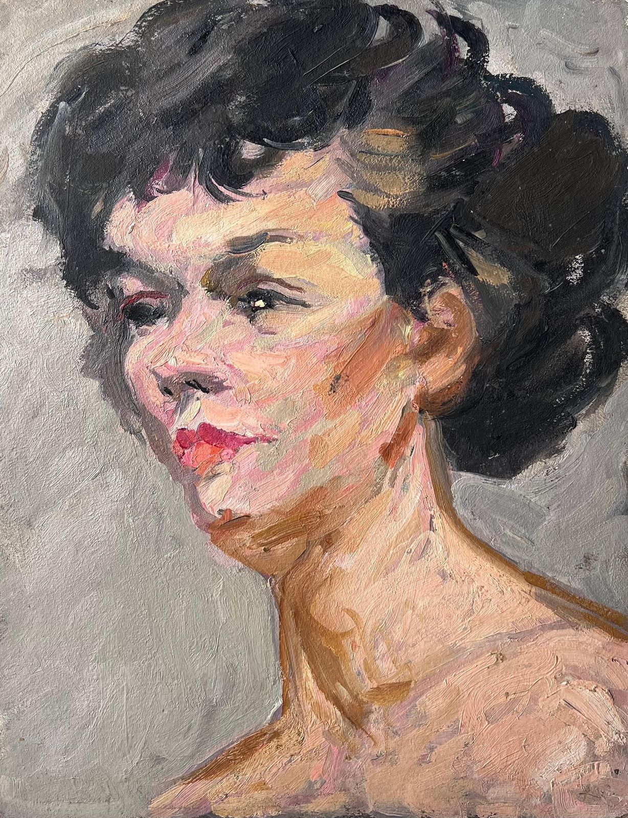 Suzanne Dinkesmid Century French Impressionist Painting Portrait Of A Nude Black Haired Lady1950's