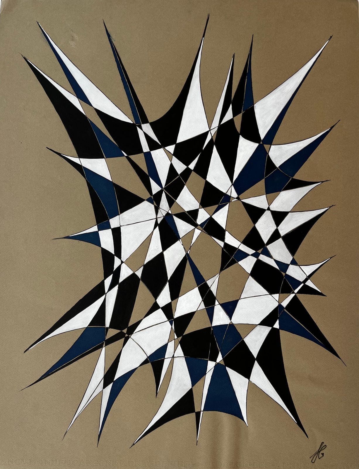 Serge Guerin (1916)mid Century French Geometric Abstract In Black White And Blue Signed Sg