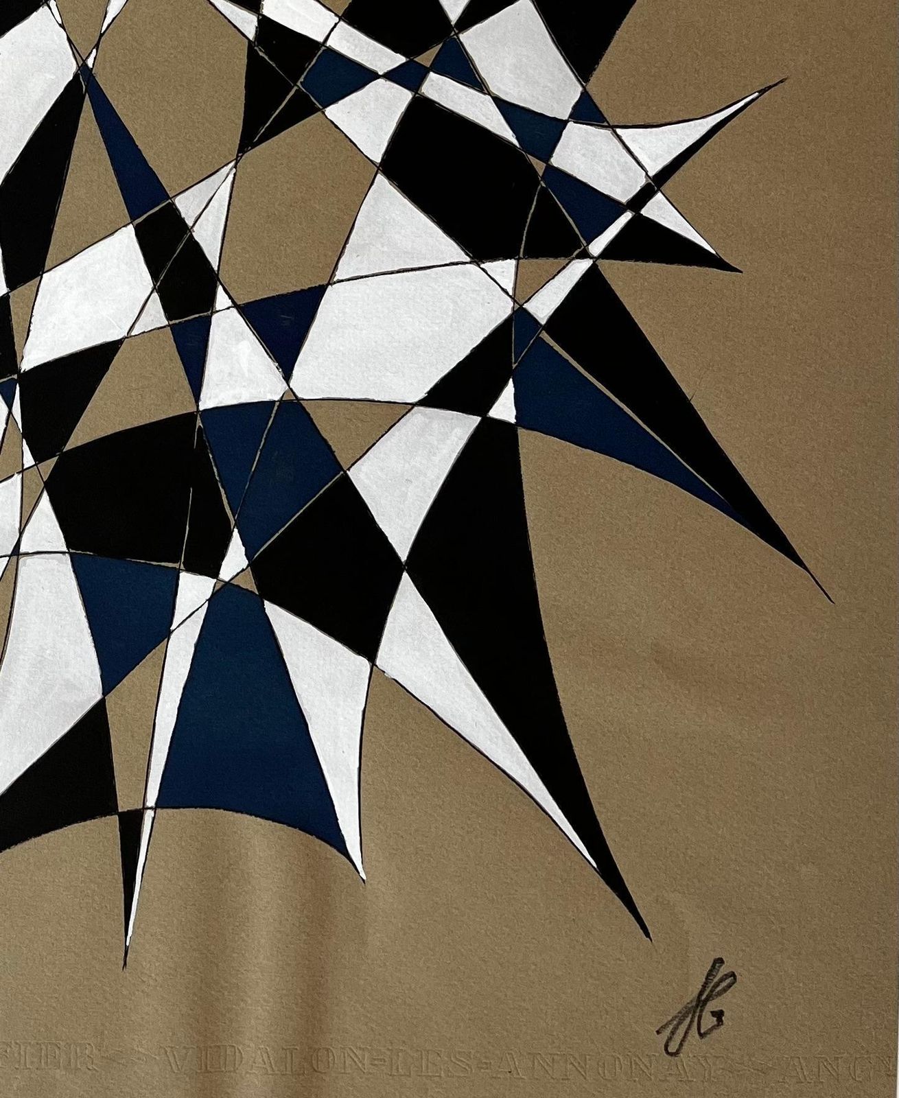 Serge Guerin (1916)mid Century French Geometric Abstract In Black White And Blue Signed Sg photo 897.0