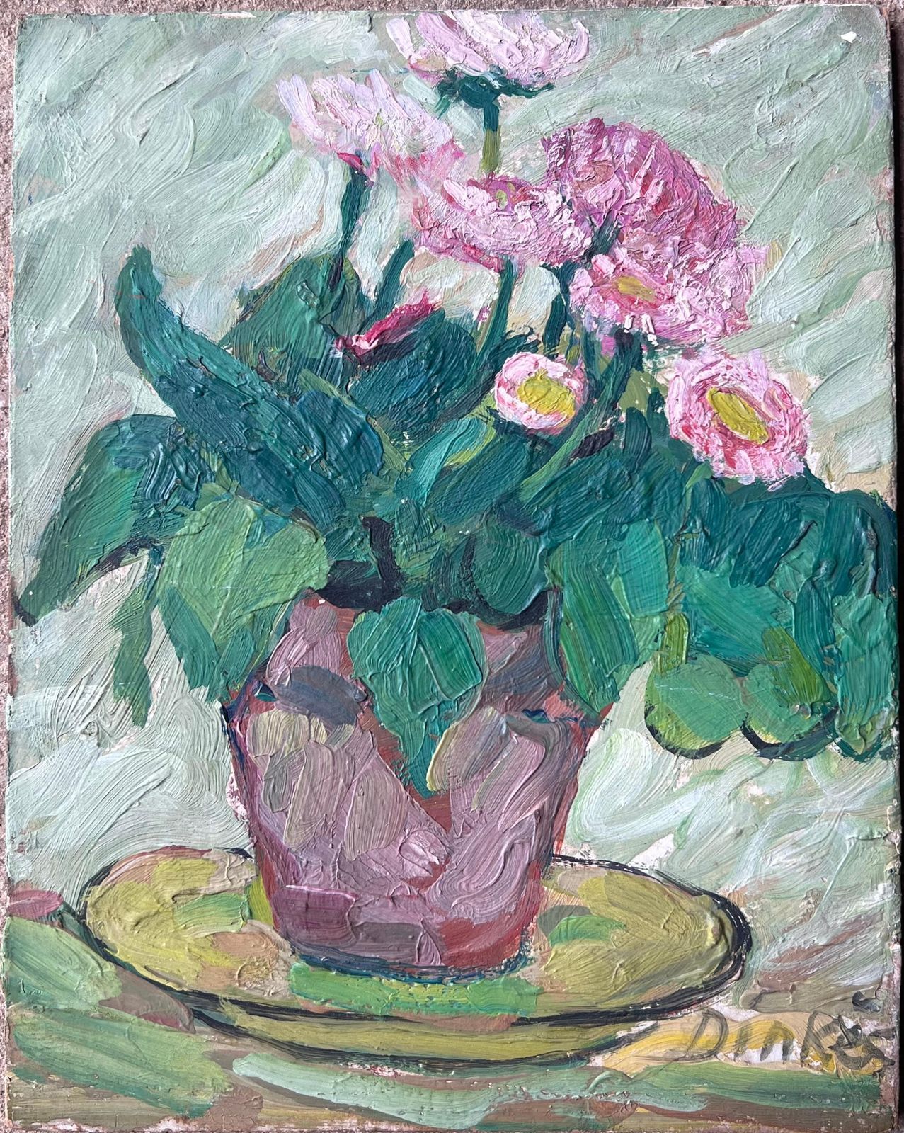 Suzanne Dinkesmid Century French Impressionist Oil Painting Pink Daises In Brown Plant Pot1950's photo furniture