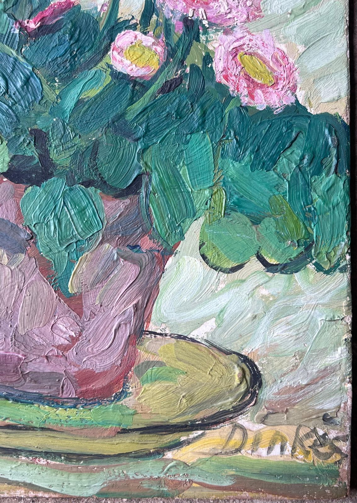 Suzanne Dinkesmid Century French Impressionist Oil Painting Pink Daises In Brown Plant Pot1950's photo 417.0