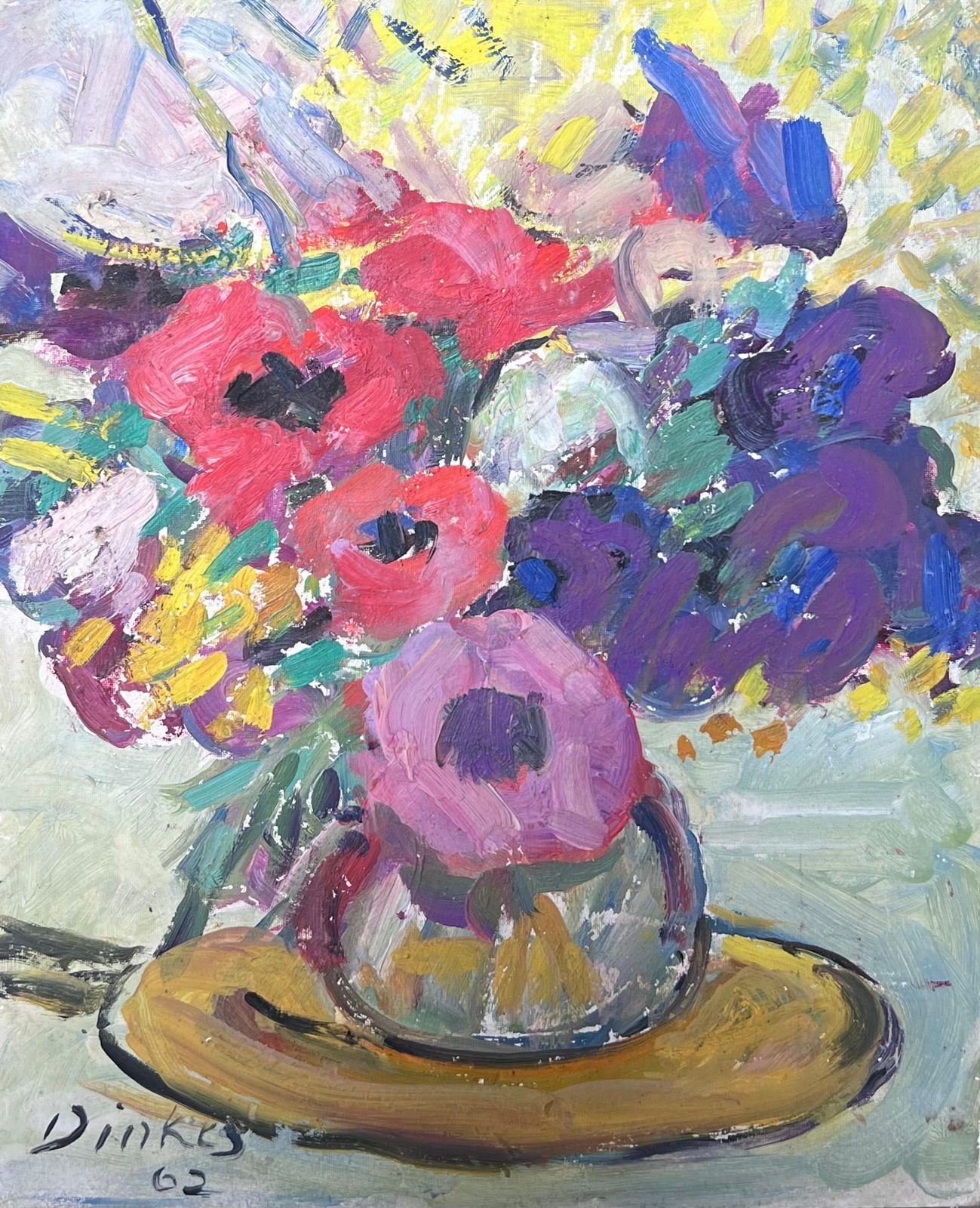 Suzanne Dinkesmid Century French Impressionist Signed Oil Colorful Flowers In Vase1960's