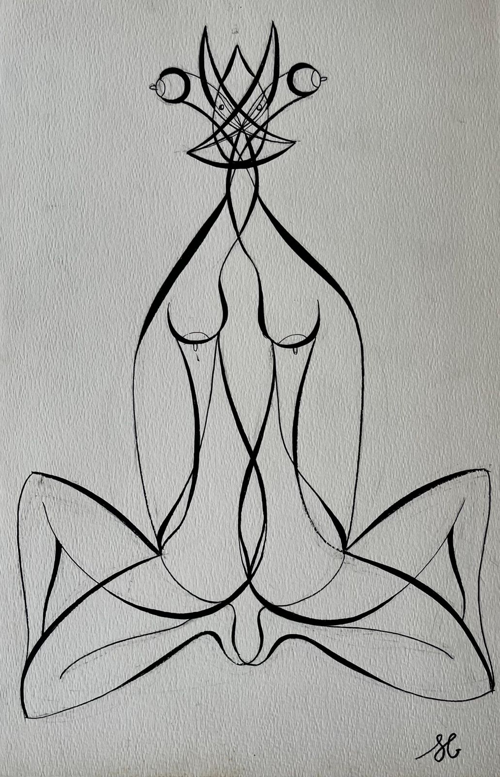 Serge Guerin (1916)mid Century French Abstract Line Drawing Twin Female Figures Ink On Paper
