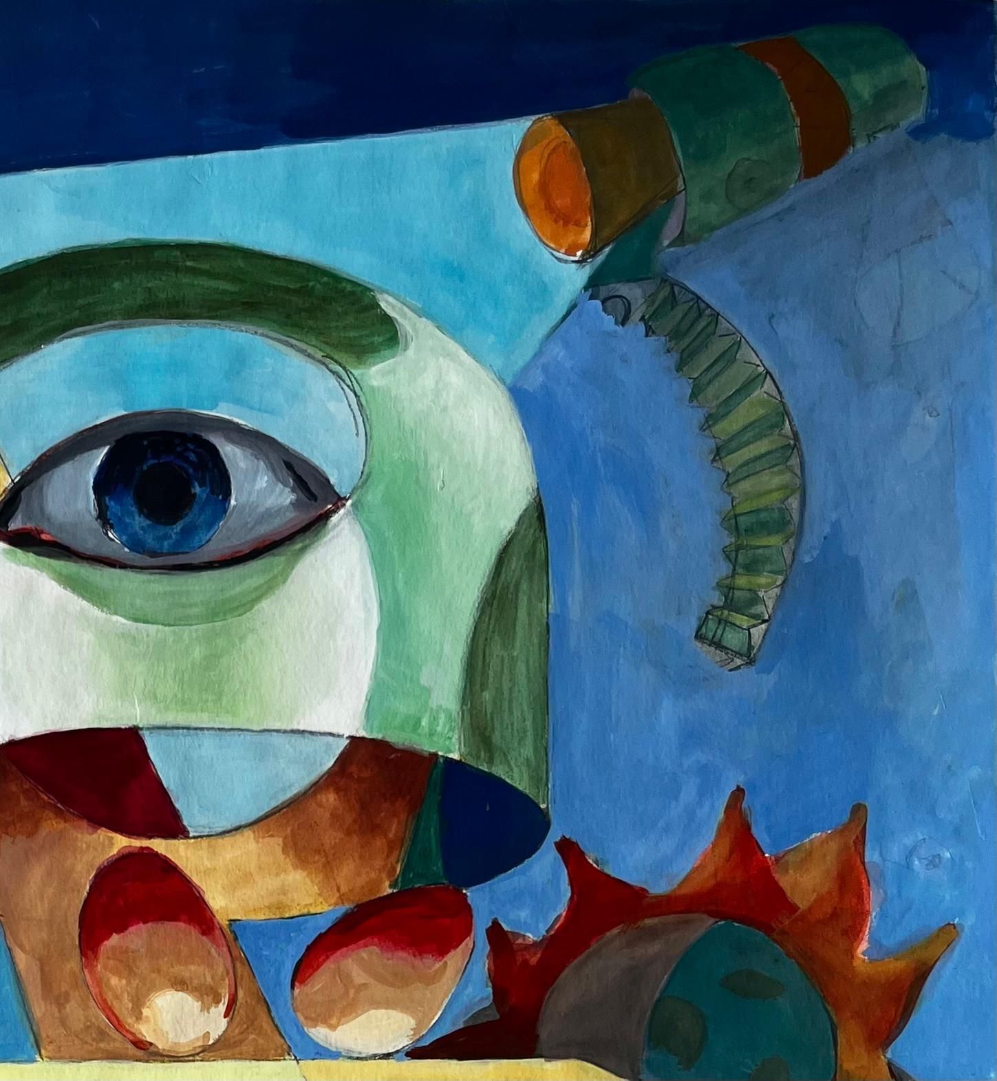 Guy Nicod Surreal Abstract Composition With Central Eye And Geometric Forms French Gouache photo for sale
