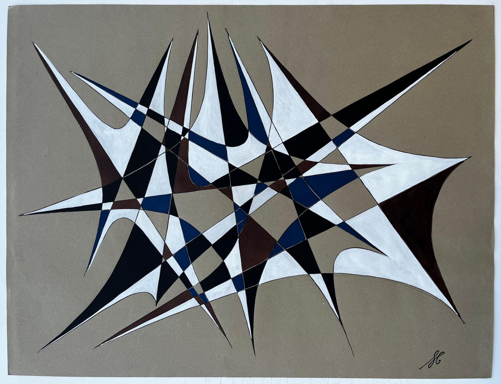 Serge Guerin (1916)mid Century French Geometric Abstract In Blue Brown And White Signed photo furniture