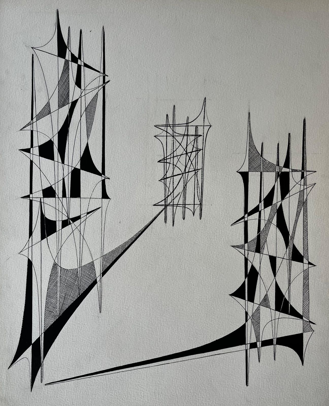 Serge Guerin (1916)mid Century French Geometric Abstract Ink Drawing On Paper