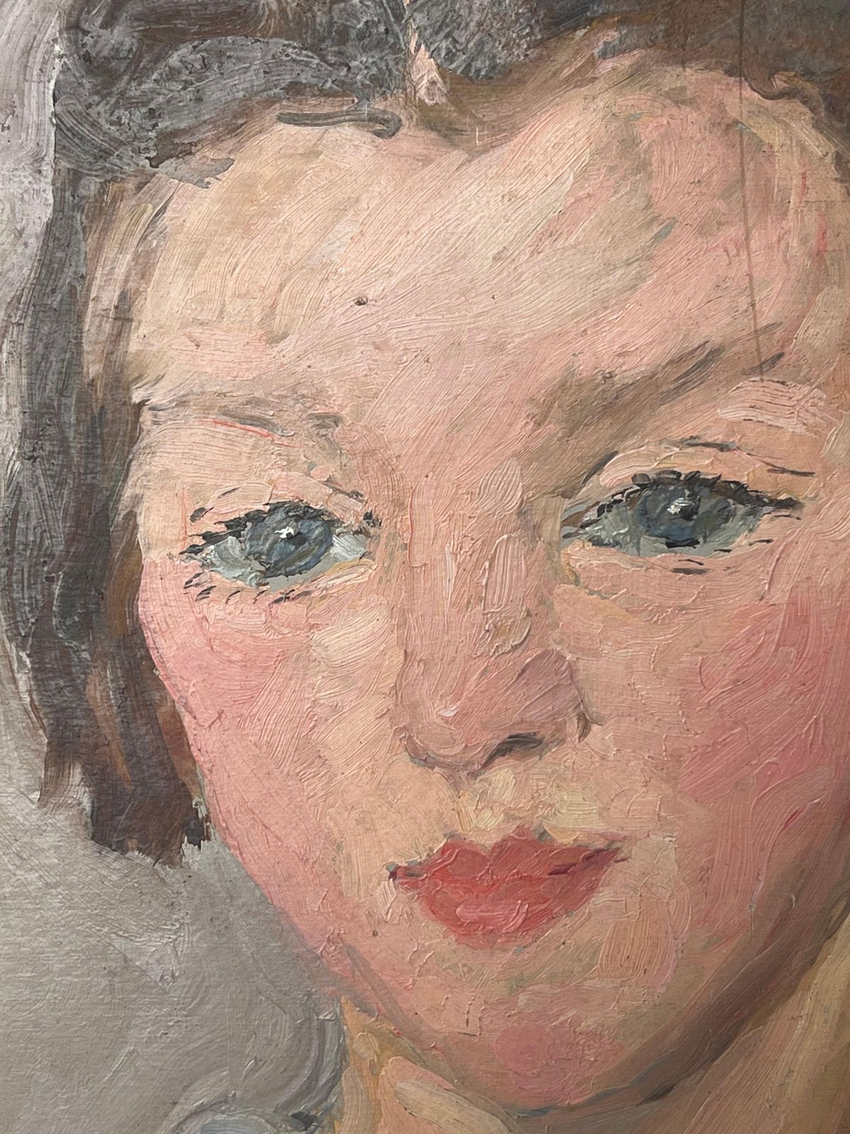 Suzanne Dinkes1930's French Impressionist Oil Portrait Of Young Lady Pretty Blue Blouse1930's photo for sale
