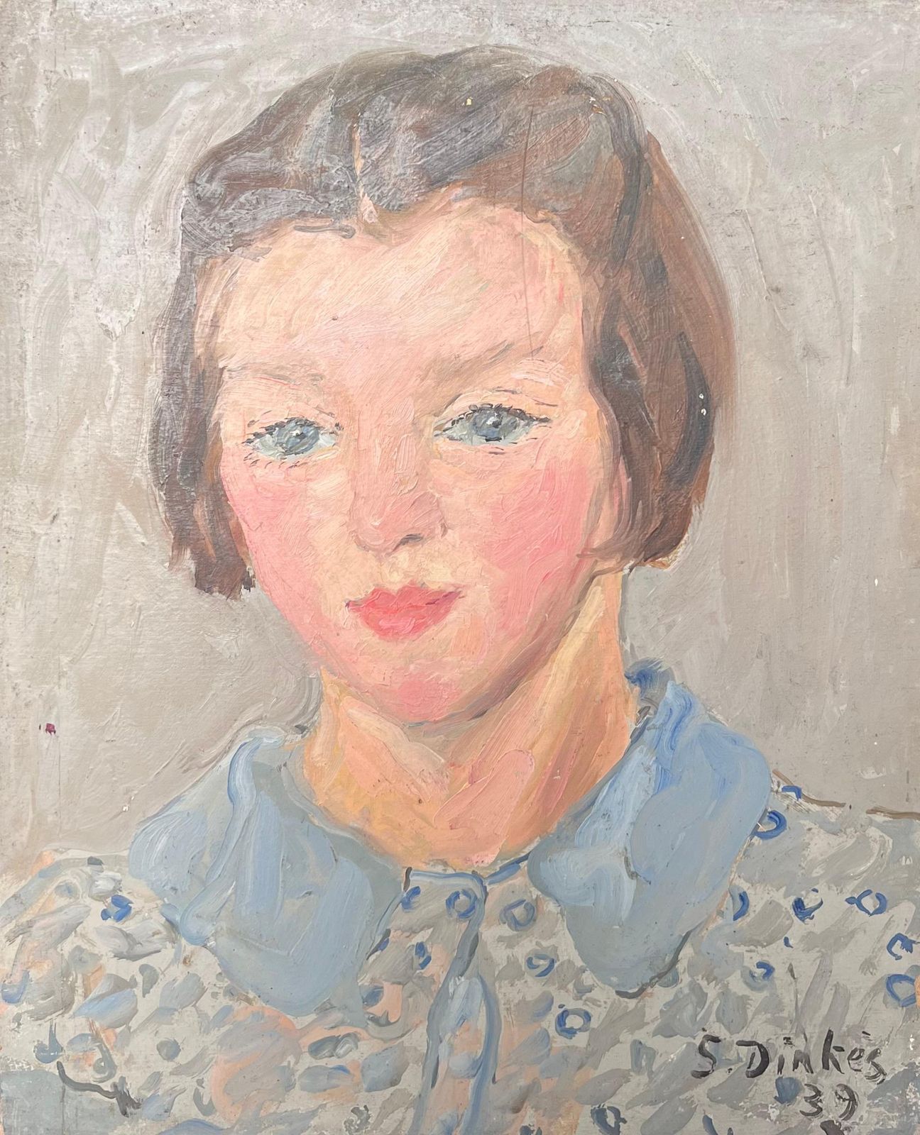 Suzanne Dinkes1930's French Impressionist Oil Portrait Of Young Lady Pretty Blue Blouse1930's photo vintage