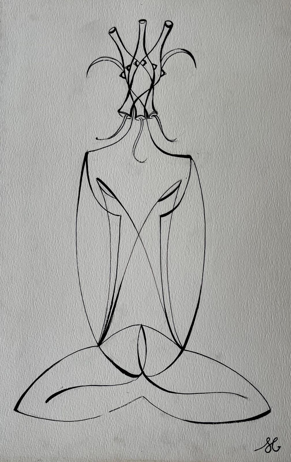 Serge Guerin (1916)mid Century French Abstract Line Drawing Seated Figure Ink On Paper