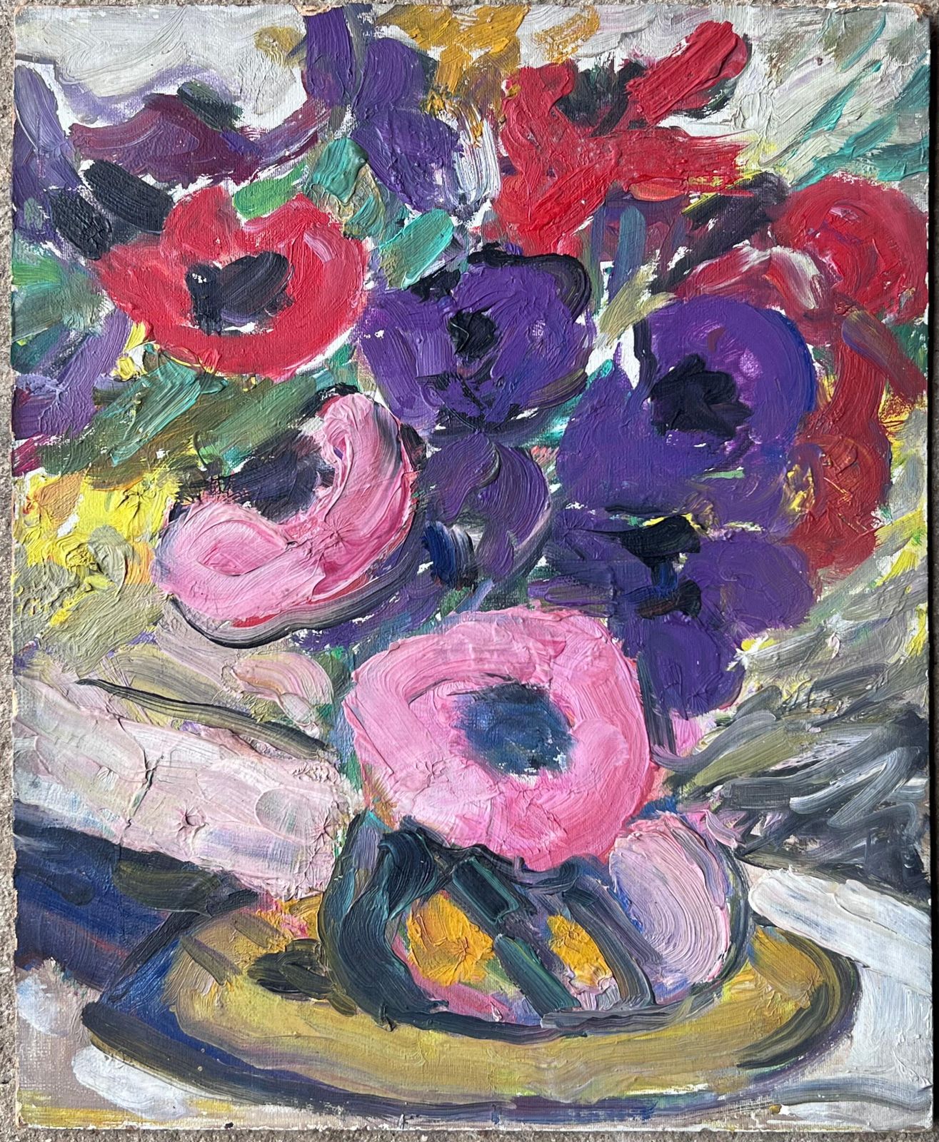 Suzanne Dinkesmid Century French Impressionist Oil Painting Still Life Bright Peonies In Vase1950's photo furniture