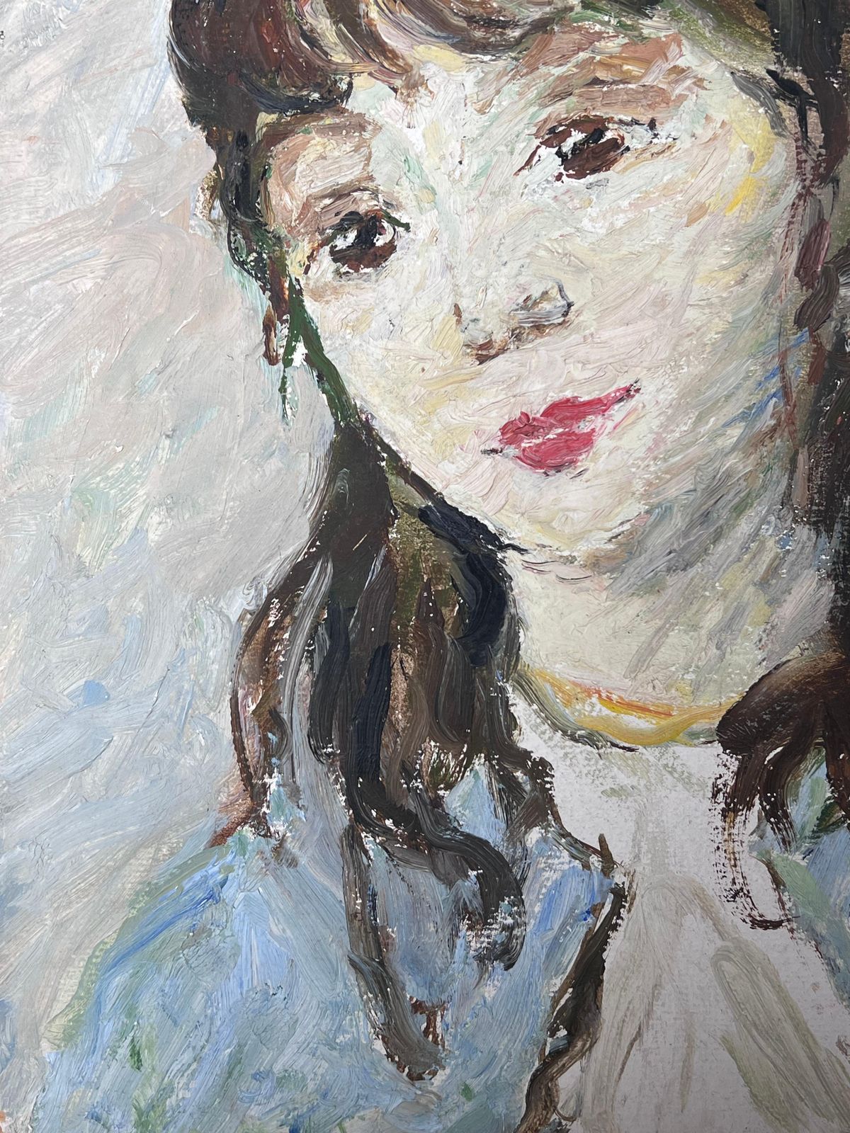 Suzanne Dinkesmid Century French Impressionist Oil Vintage Portrait Of Young Woman In Blue1950's photo for sale