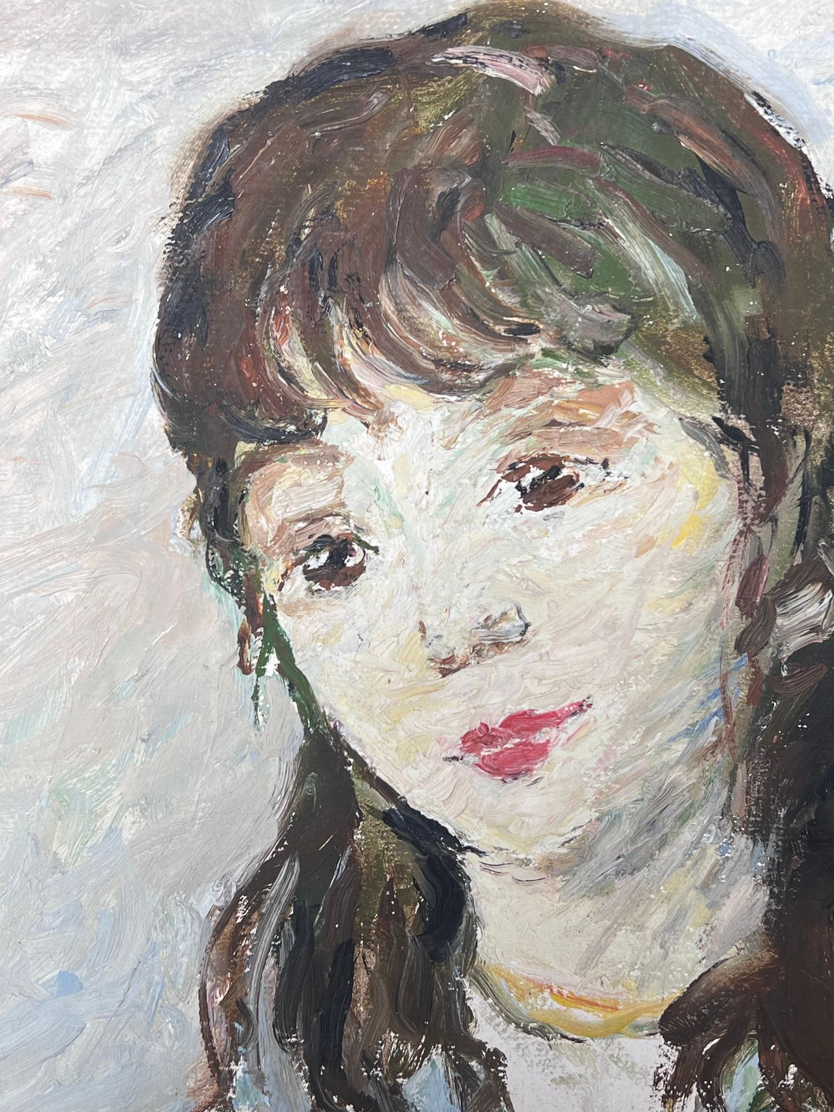 Suzanne Dinkesmid Century French Impressionist Oil Vintage Portrait Of Young Woman In Blue1950's photo Art