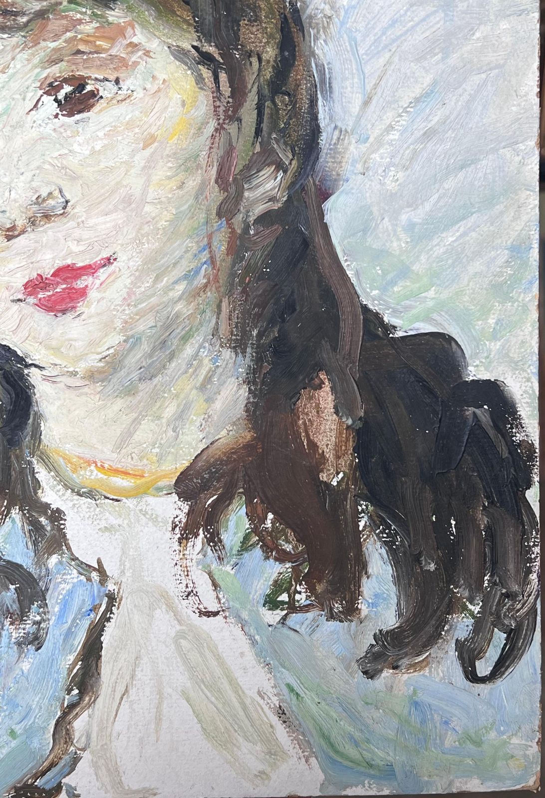 Suzanne Dinkesmid Century French Impressionist Oil Vintage Portrait Of Young Woman In Blue1950's photo 663.0