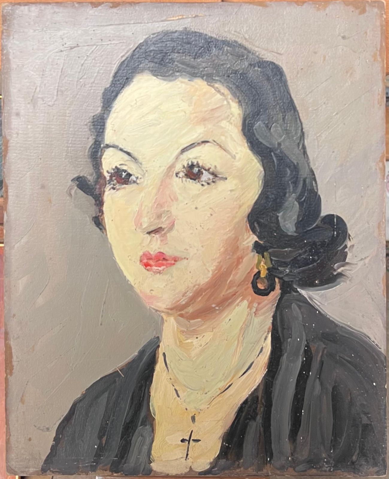 Suzanne Dinkesmid Century French Impressionist Oil Portrait Of Woman Dark Hair1950's photo furniture