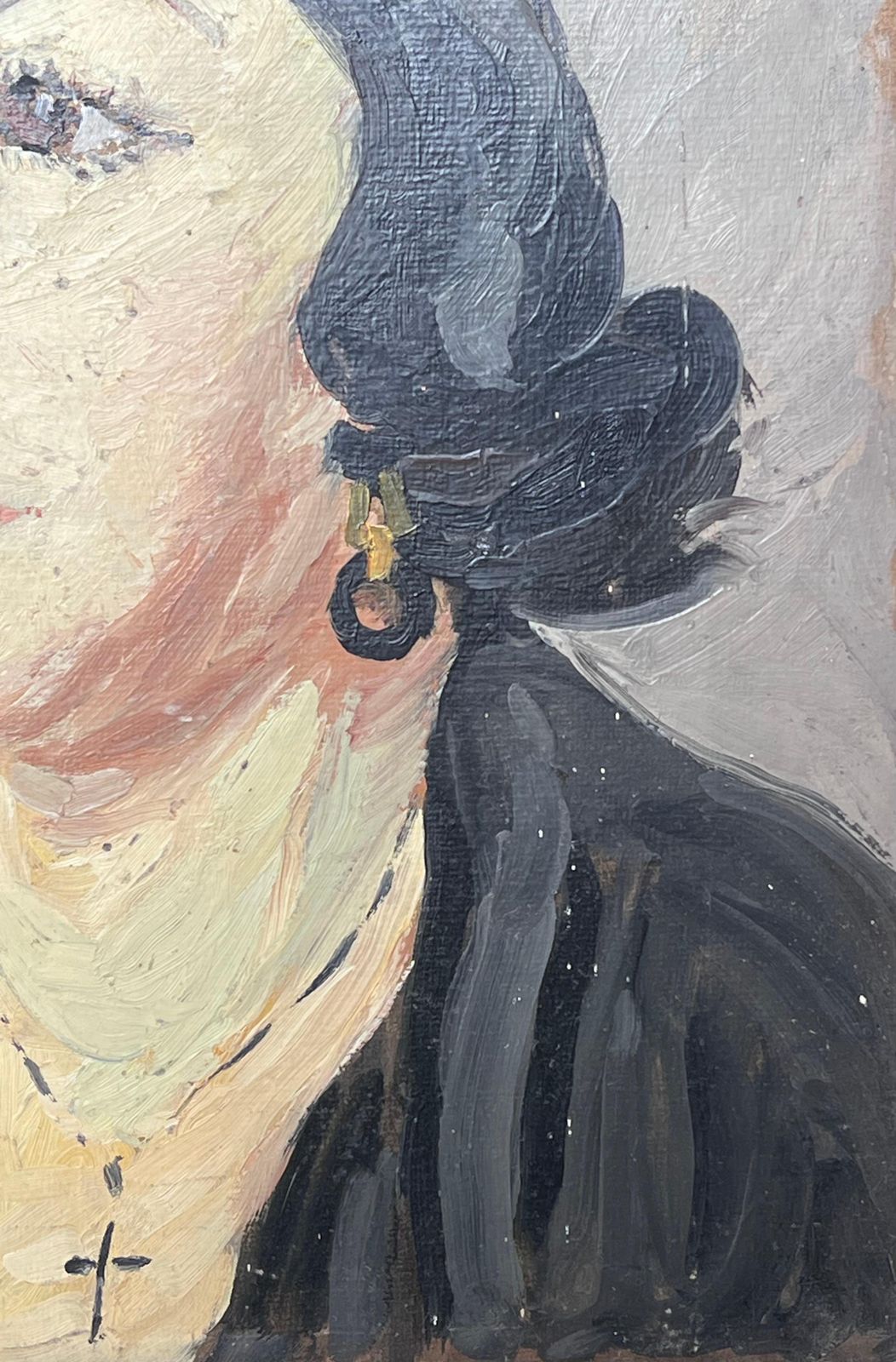 Suzanne Dinkesmid Century French Impressionist Oil Portrait Of Woman Dark Hair1950's photo buy