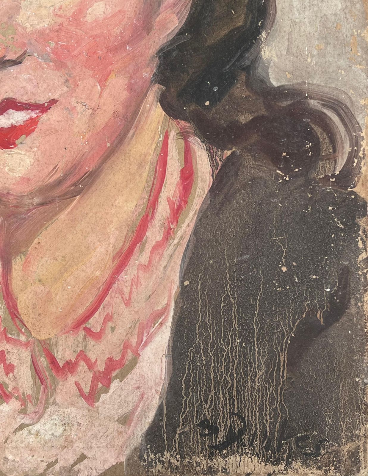 Suzanne Dinkesmid Century French Impressionist Signed Oil Portrait Woman In Red Necklace1950's photo vinterior