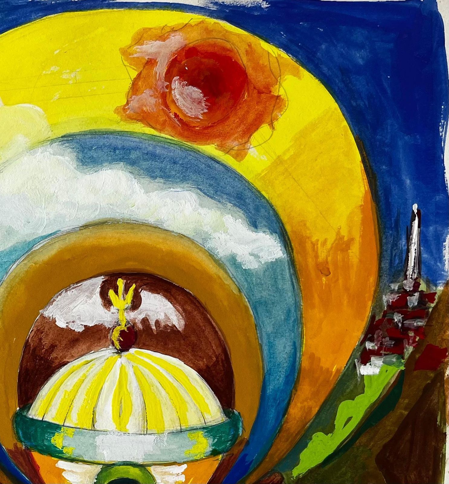 Guy Nicodsurreal Abstract Landscape With Golden Sun And Blue Figure French Gouache photo Art