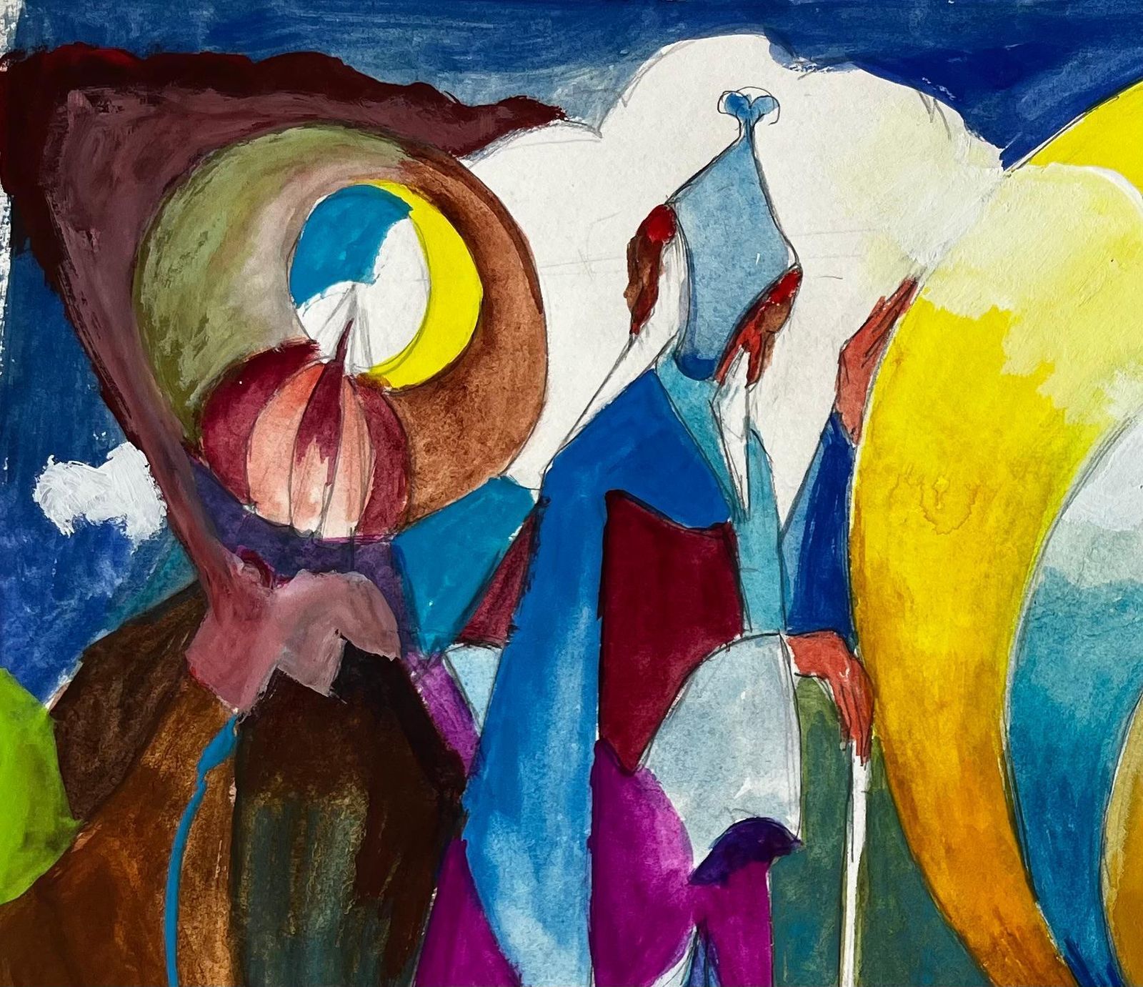 Guy Nicodsurreal Abstract Landscape With Golden Sun And Blue Figure French Gouache photo 662.0