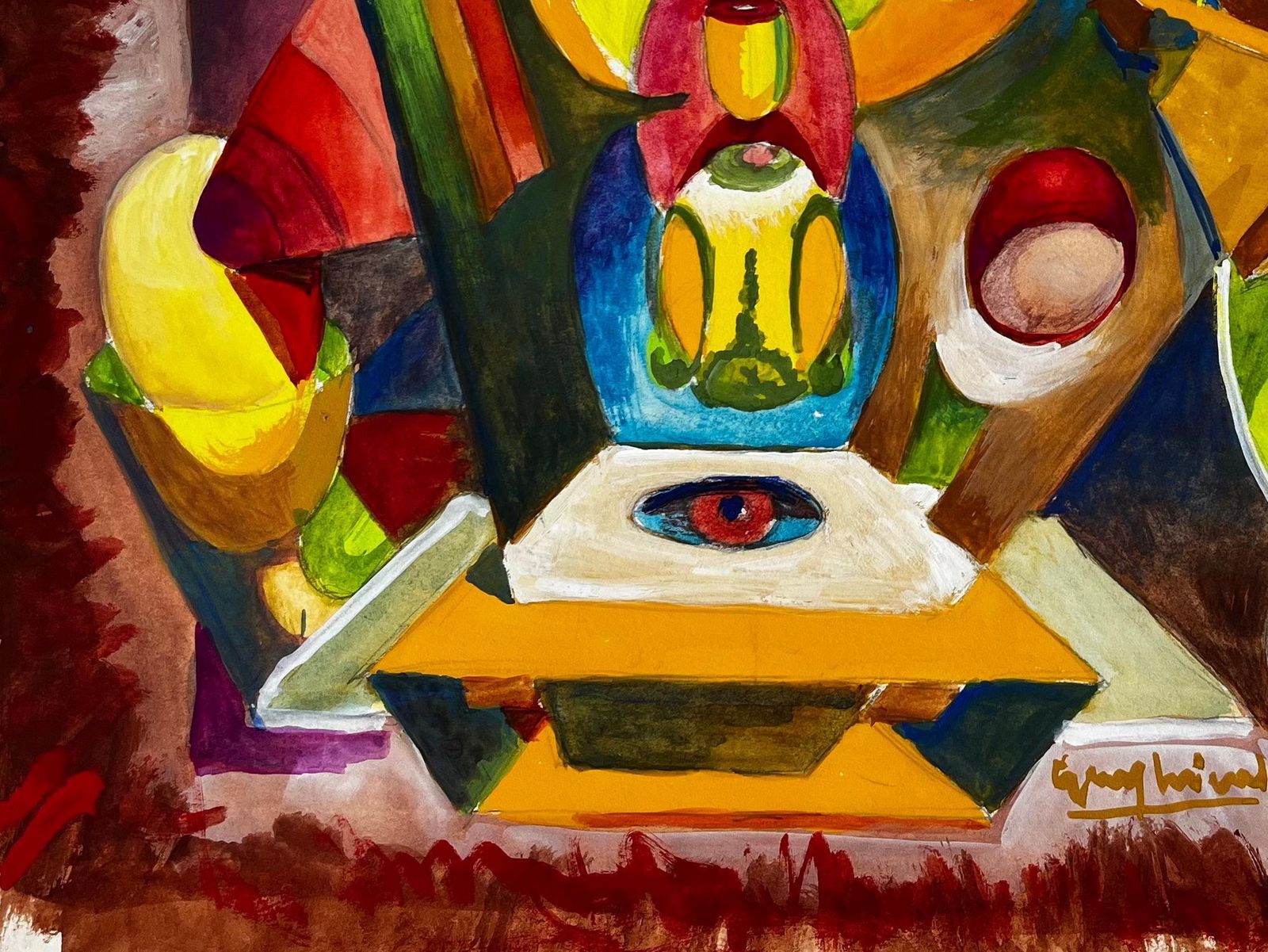 Guy Nicodabstract Cubist Still Life With Blue Vase And Yellow Forms French Gouache photo vinterior