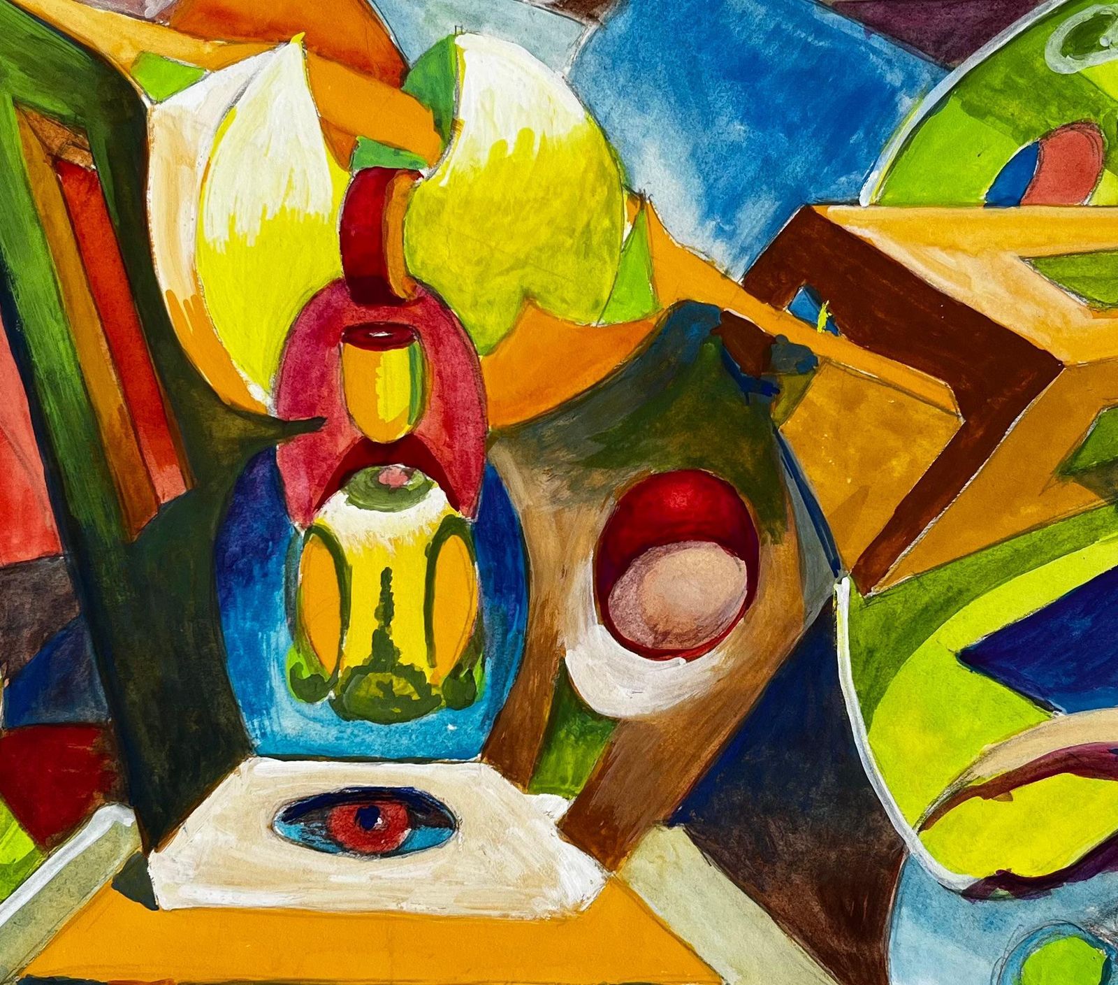 Guy Nicodabstract Cubist Still Life With Blue Vase And Yellow Forms French Gouache photo buy