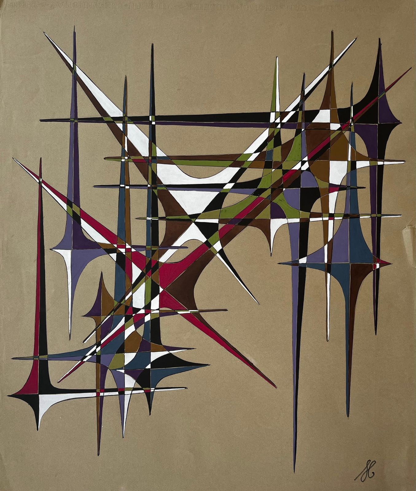 Serge Guerin (1916)mid Century French Geometric Abstract In Multicolour Gouache On Paper