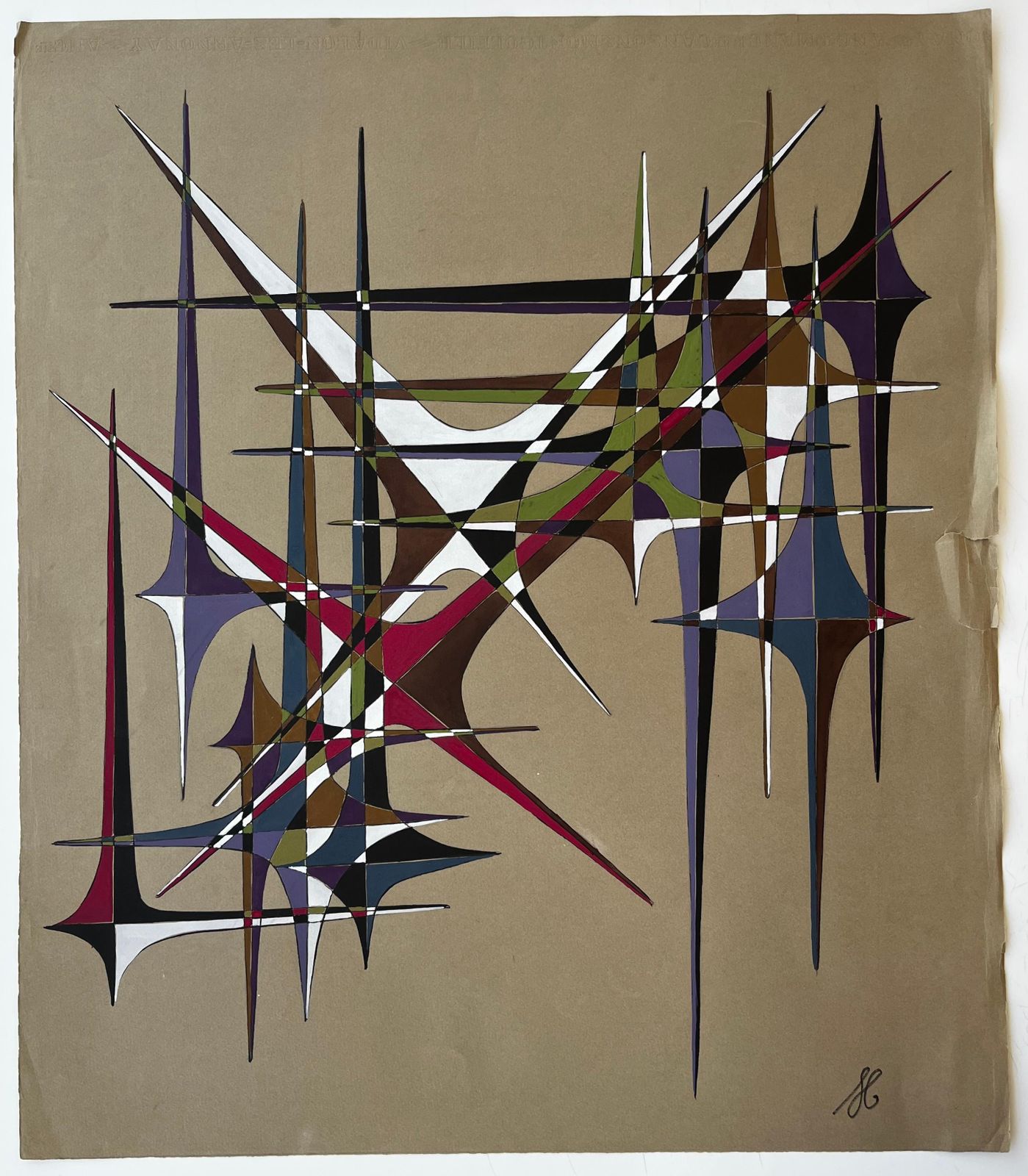 Serge Guerin (1916)mid Century French Geometric Abstract In Multicolour Gouache On Paper photo furniture
