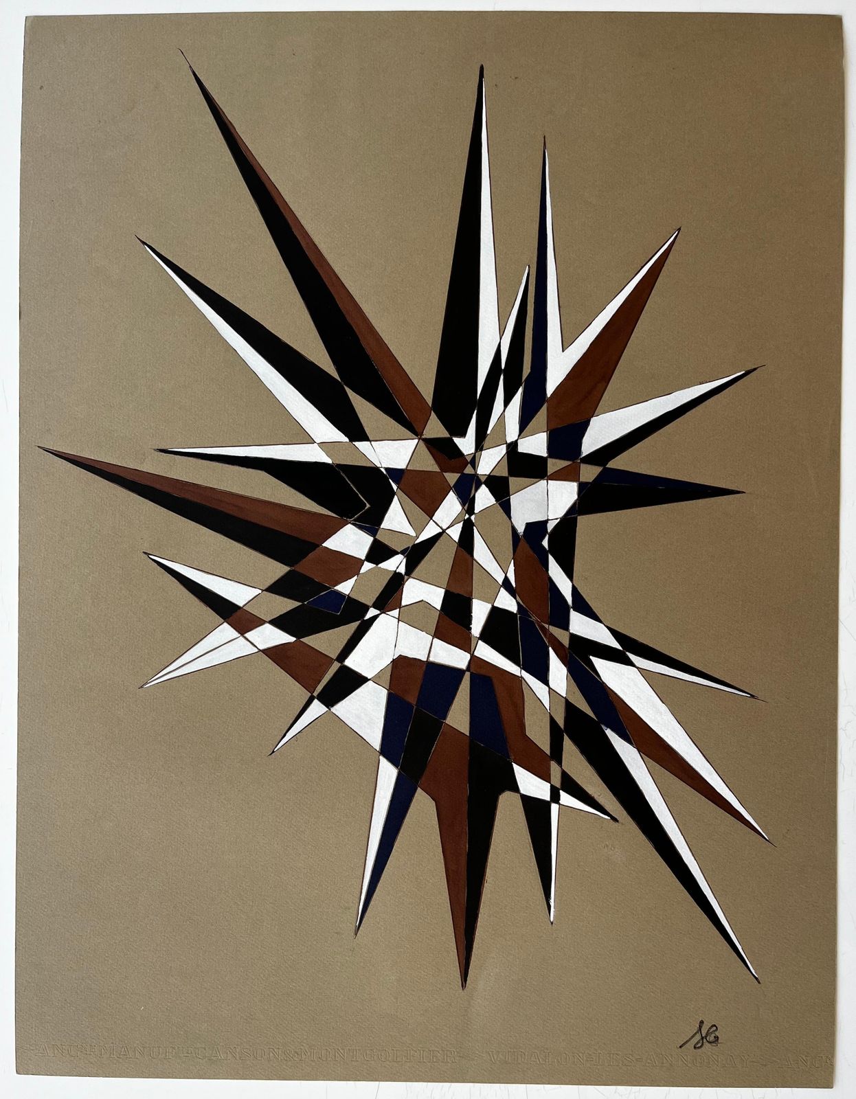 Serge Guerin (1916)mid Century French Geometric Abstract Starburst In Brown Blue And White photo furniture