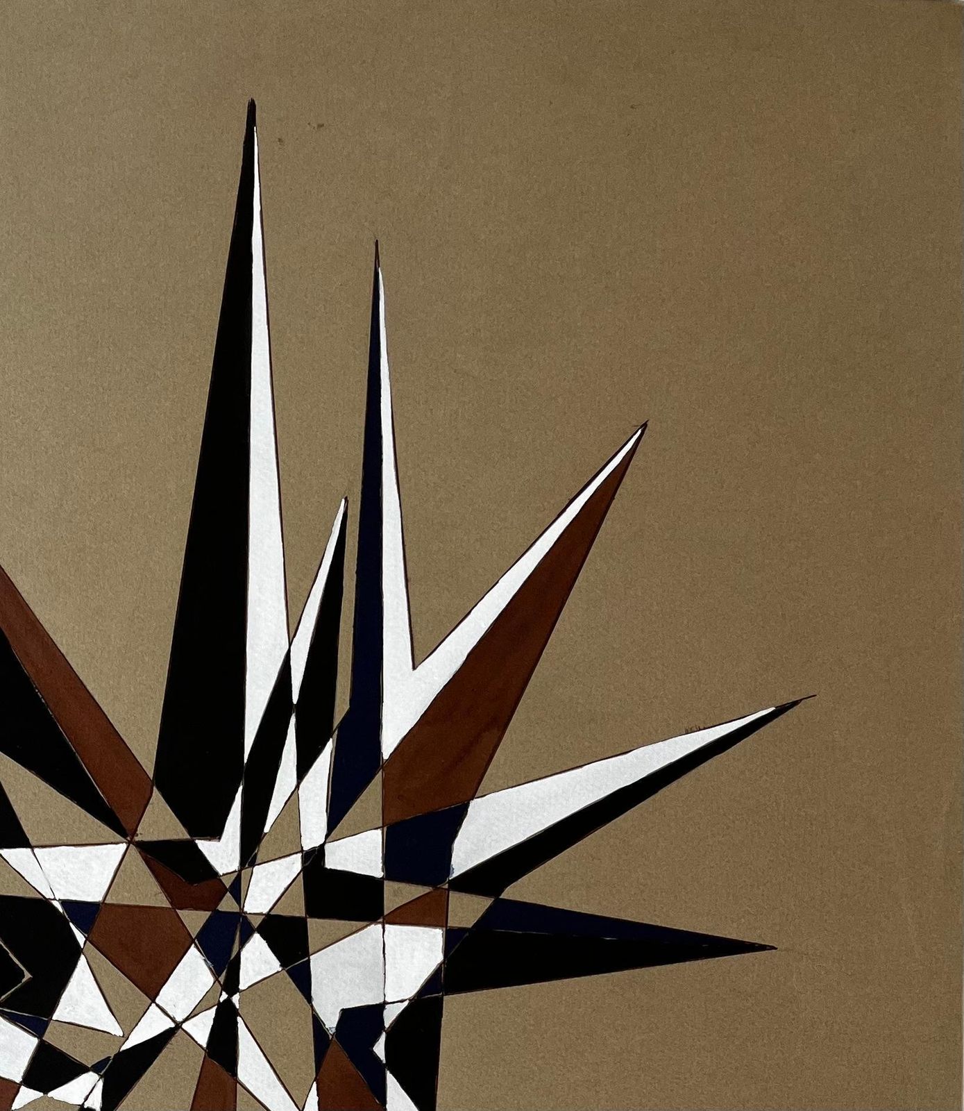 Serge Guerin (1916)mid Century French Geometric Abstract Starburst In Brown Blue And White photo for sale