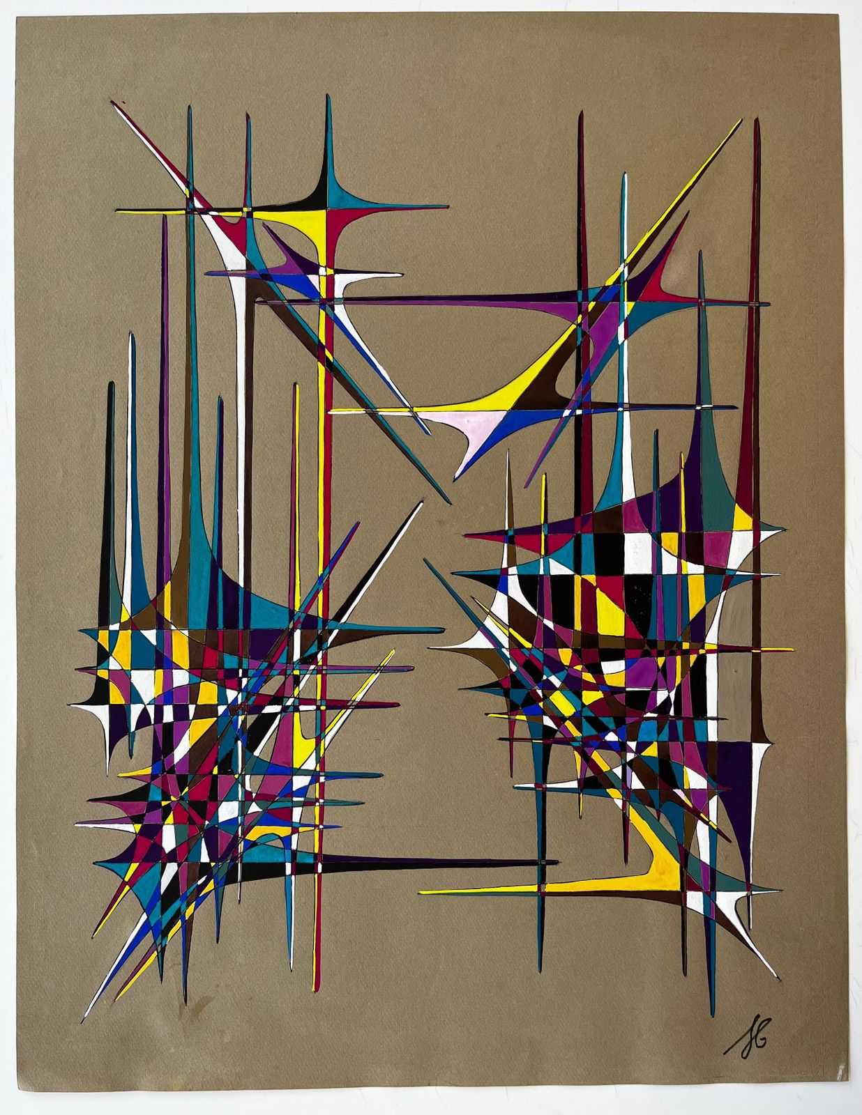 Serge Guerin (1916)mid Century French Geometric Abstract In Multicolour Ink And Gouache On Paper photo furniture