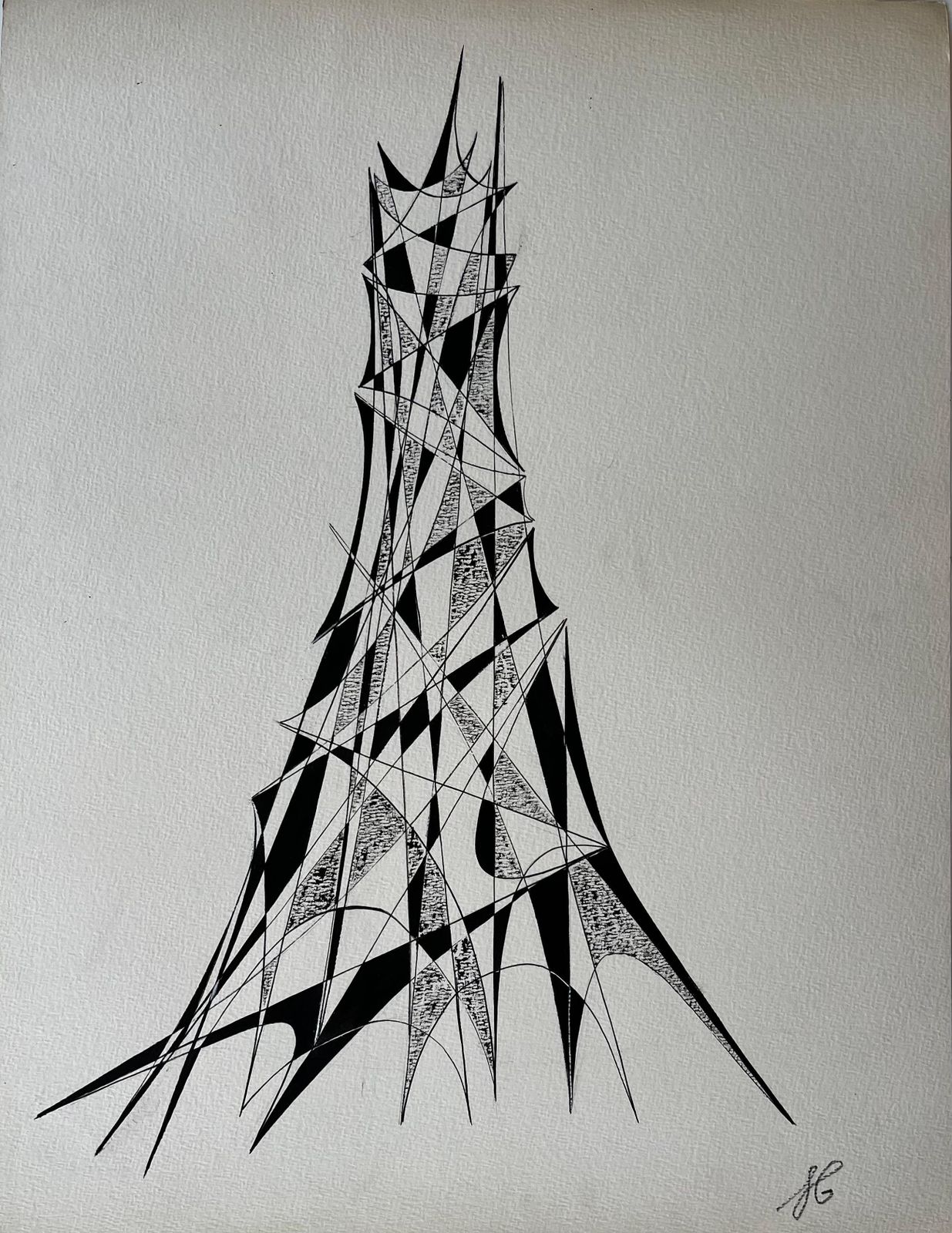 Serge Guerin (1916)mid Century French Architectural Abstract Ink Drawing Tower Form Signed Sg