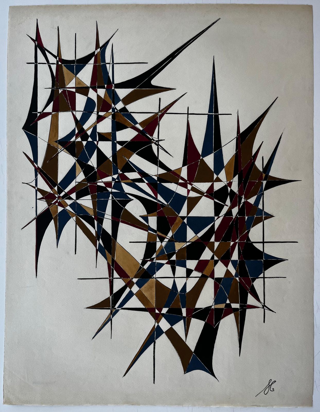 Serge Guerin (1916)mid Century French Geometric Abstract In Gold Blue And Red Signed Dated 19691969 photo furniture