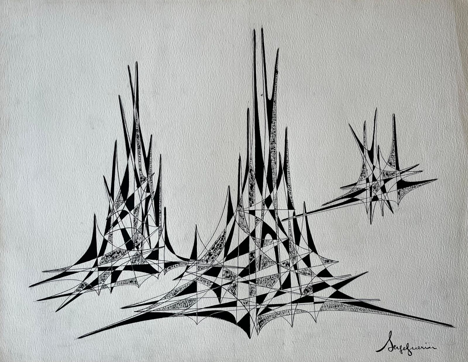 Serge Guerin (1916)mid Century French Abstract Architectural Ink Drawing Signed Serge Guerin