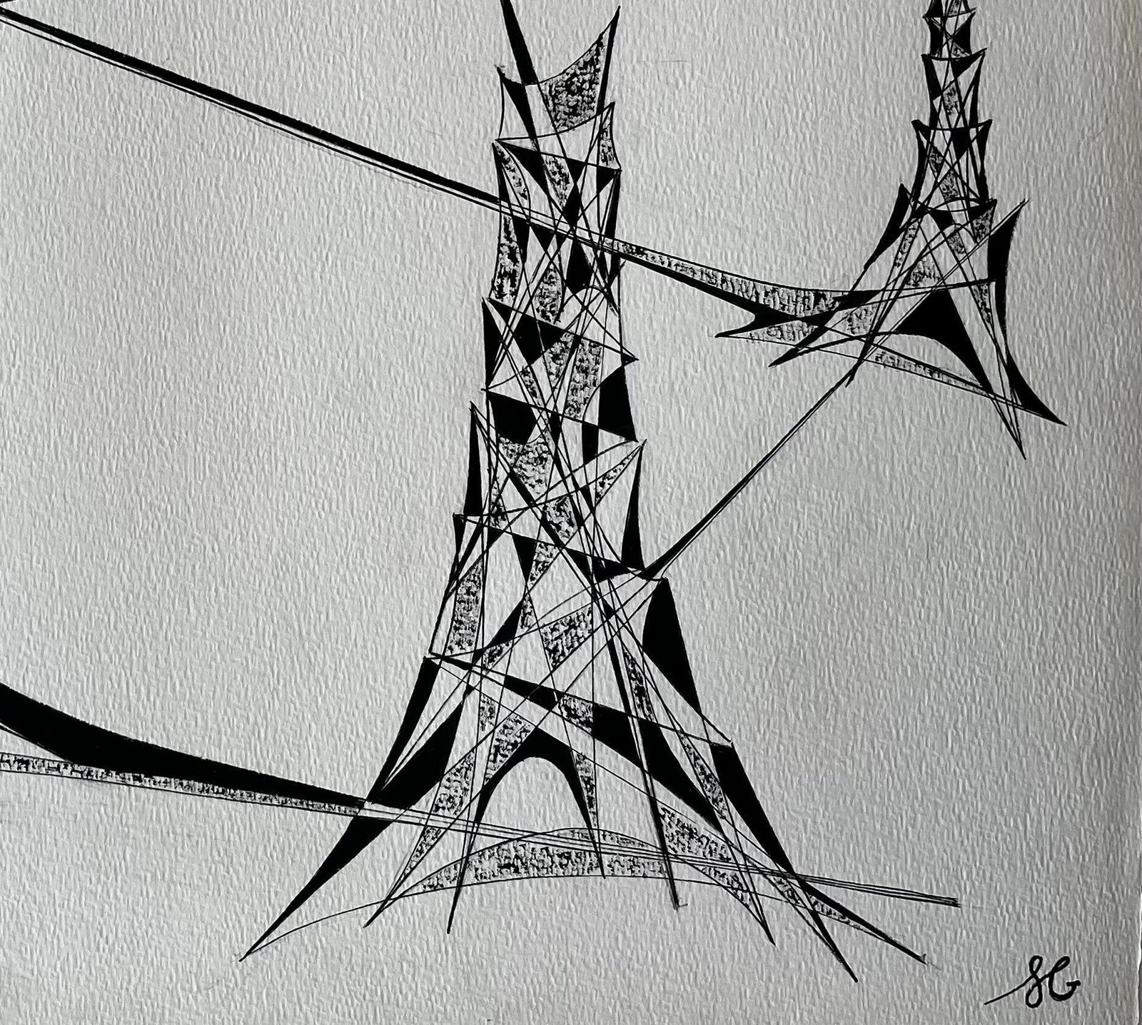Serge Guerin (1916)mid Century French Abstract Architectural Drawing In Black Ink photo Art