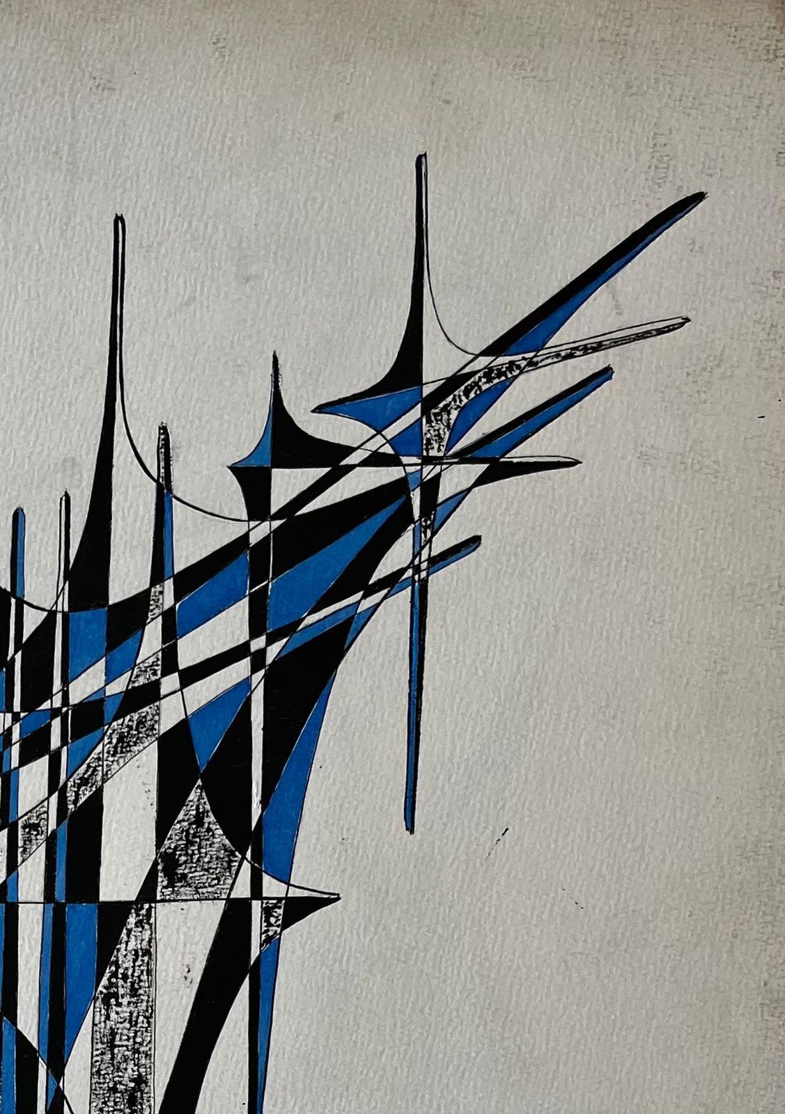 Serge Guerin (1916)mid Century French Geometric Abstract In Blue And Black Ink On Paper photo for sale